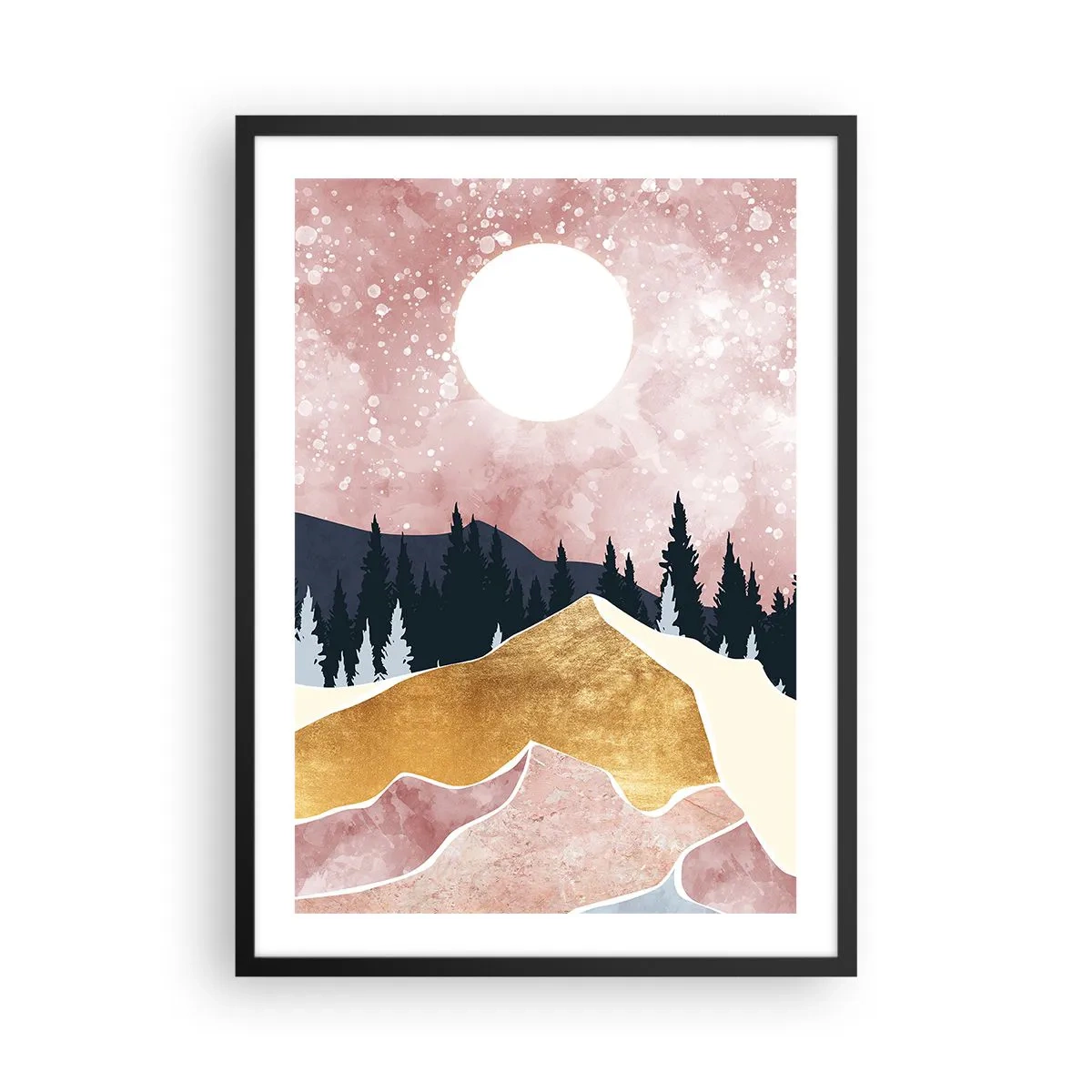 Poster în ramă neagră - Peisaj abstract cu pădure, munți și accente aurii - 50x70cm - Garda de noapte - Decorațiune modernă pentru perete pentru living și dormitor ARTTOR