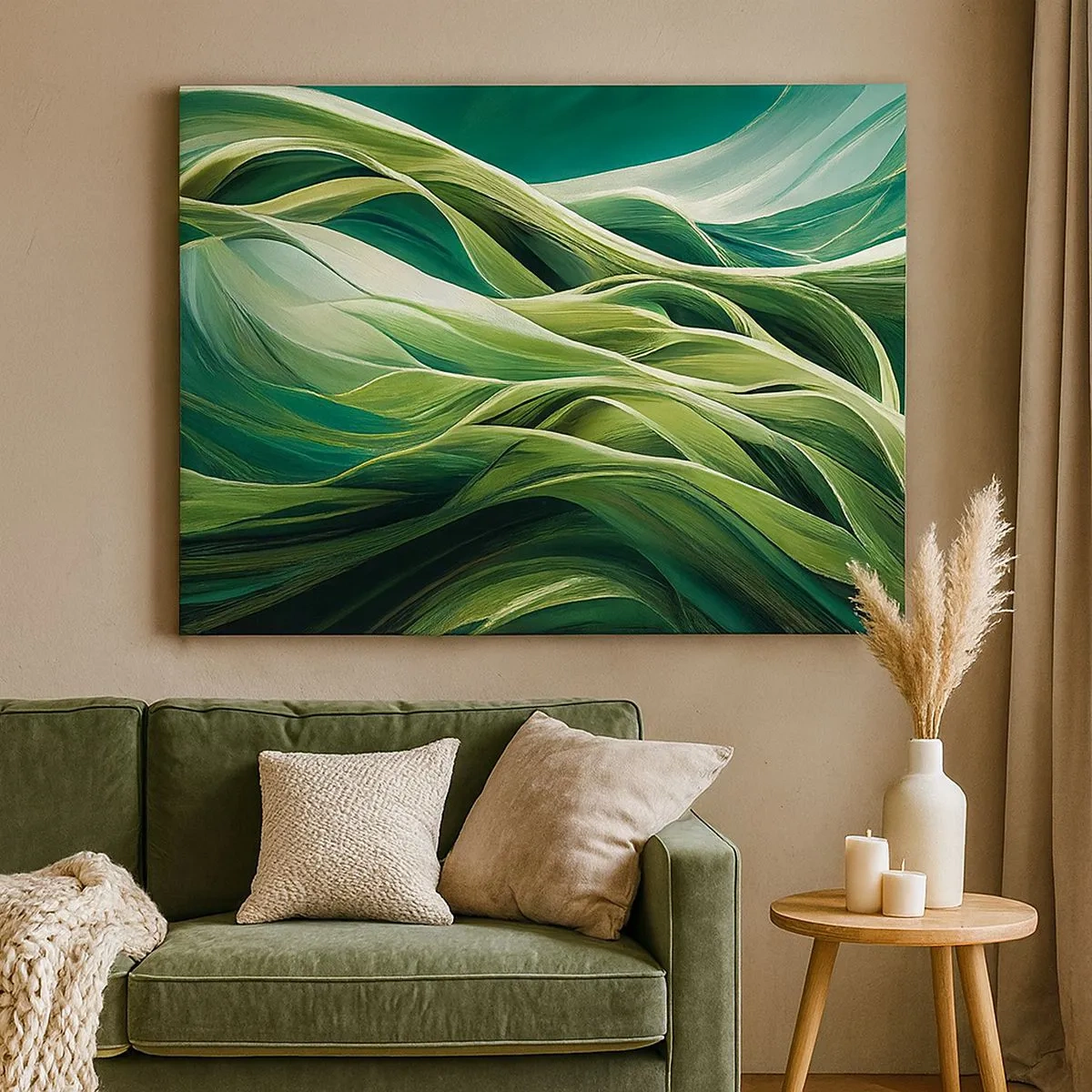 Tablou pe pânză Canvas - Linii dinamice în nuanțe de verde - 70x50cm - Un joc abstract de verde - Decorațiune modernă pentru perete pentru living și dormitor ARTTOR