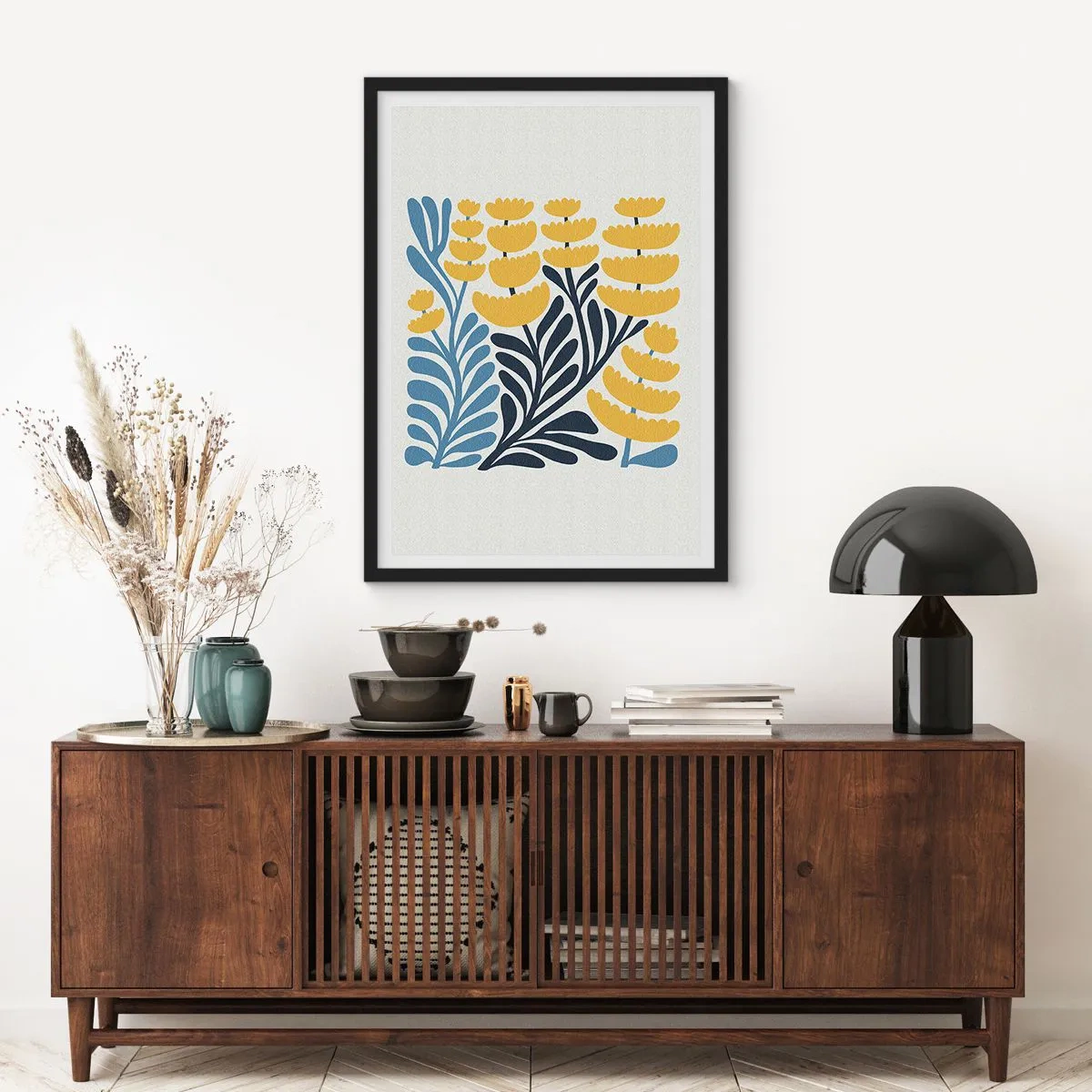Poster în ramă neagră - Flori stilizate galbene și albastru-marin într-un stil minimalist - 50x70cm - Ogor însorit - Decorațiune modernă pentru perete pentru living și dormitor ARTTOR