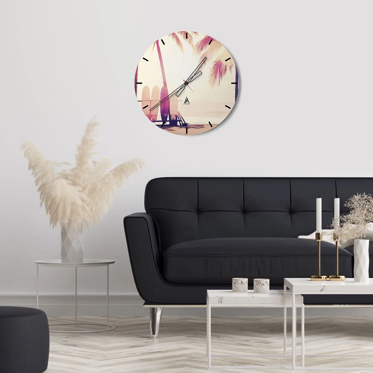 Ceas de perete - Ceas pe sticlă - Placi de surf și palmieri pe plajă în zori - 30x30cm - Va fi o zi minunată - Decorațiune modernă pentru perete pentru living, bucătărie și dormitor ARTTOR