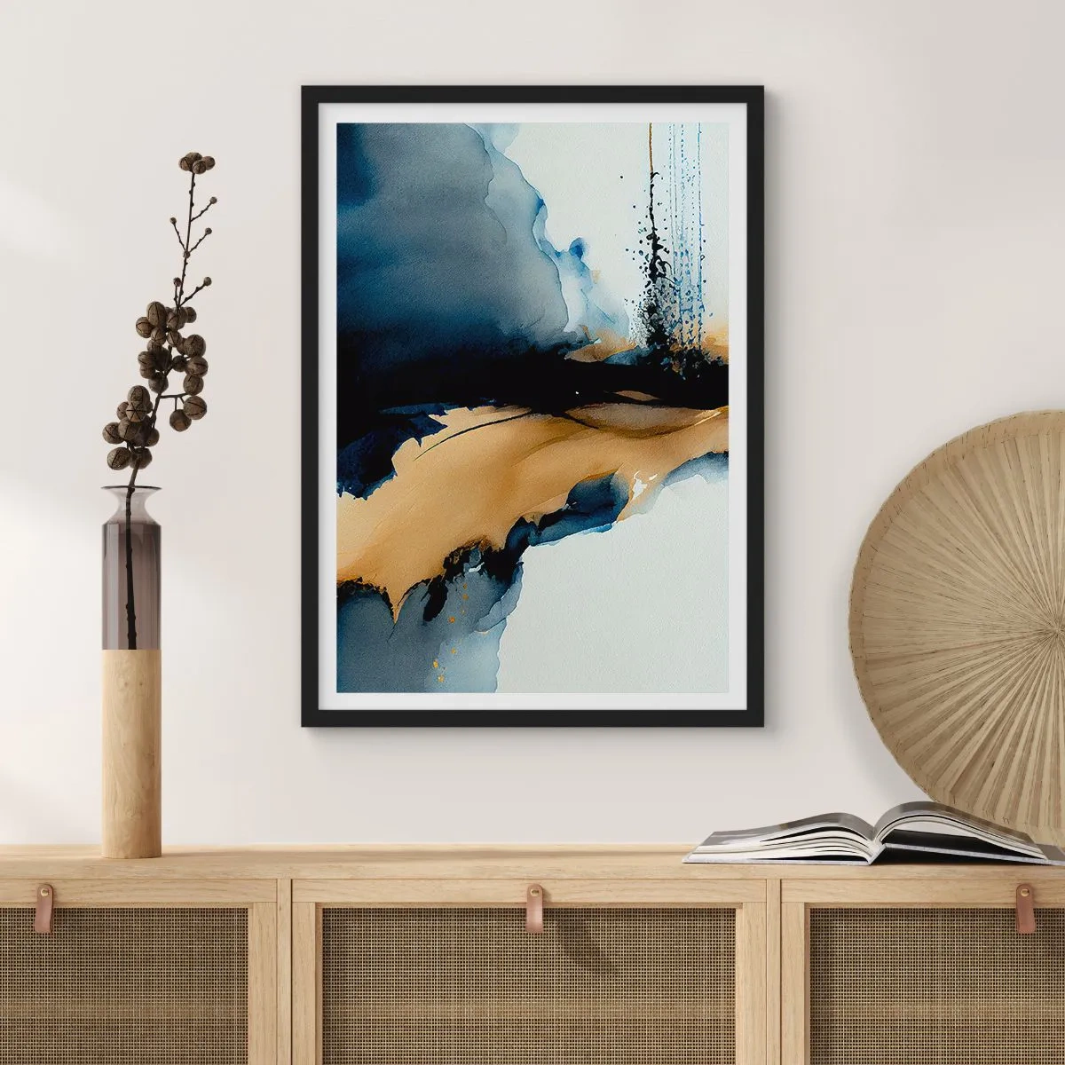 Poster în ramă neagră - O compoziție abstractă în nuanțe de albastru marin și auriu - 50x70cm - În spatele cortinei - Decorațiune modernă pentru perete pentru living și dormitor ARTTOR