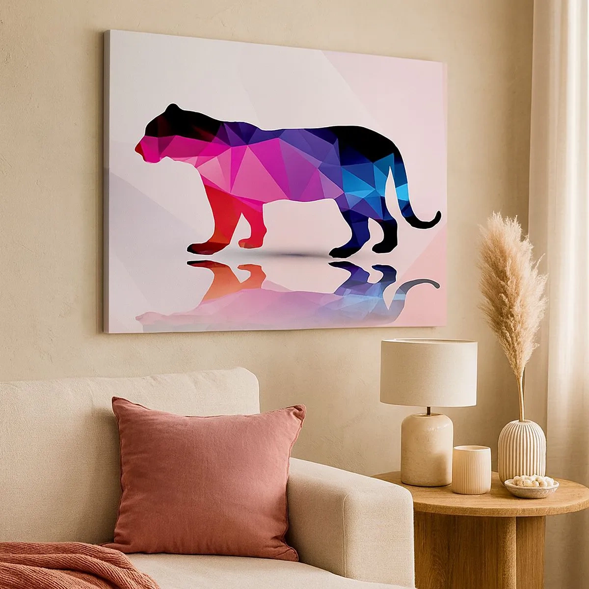Tablou pe pânză Canvas - Siluetă geometrică de panteră în nuanțe de roz și albastru - 70x50cm - Pantera diamantată - Decorațiune modernă pentru perete pentru living și dormitor ARTTOR