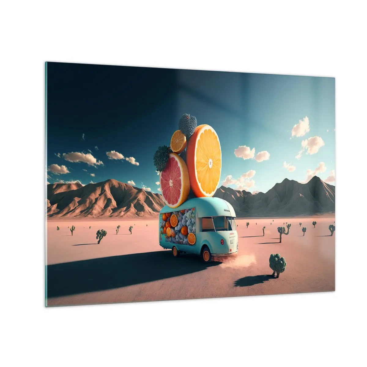 Tablou pe sticlă - O rulotă turcoaz cu fructe pe fundalul unui peisaj deșertic - 70x50cm - Gustul vacanței - Decorațiune modernă pentru perete pentru living și dormitor ARTTOR