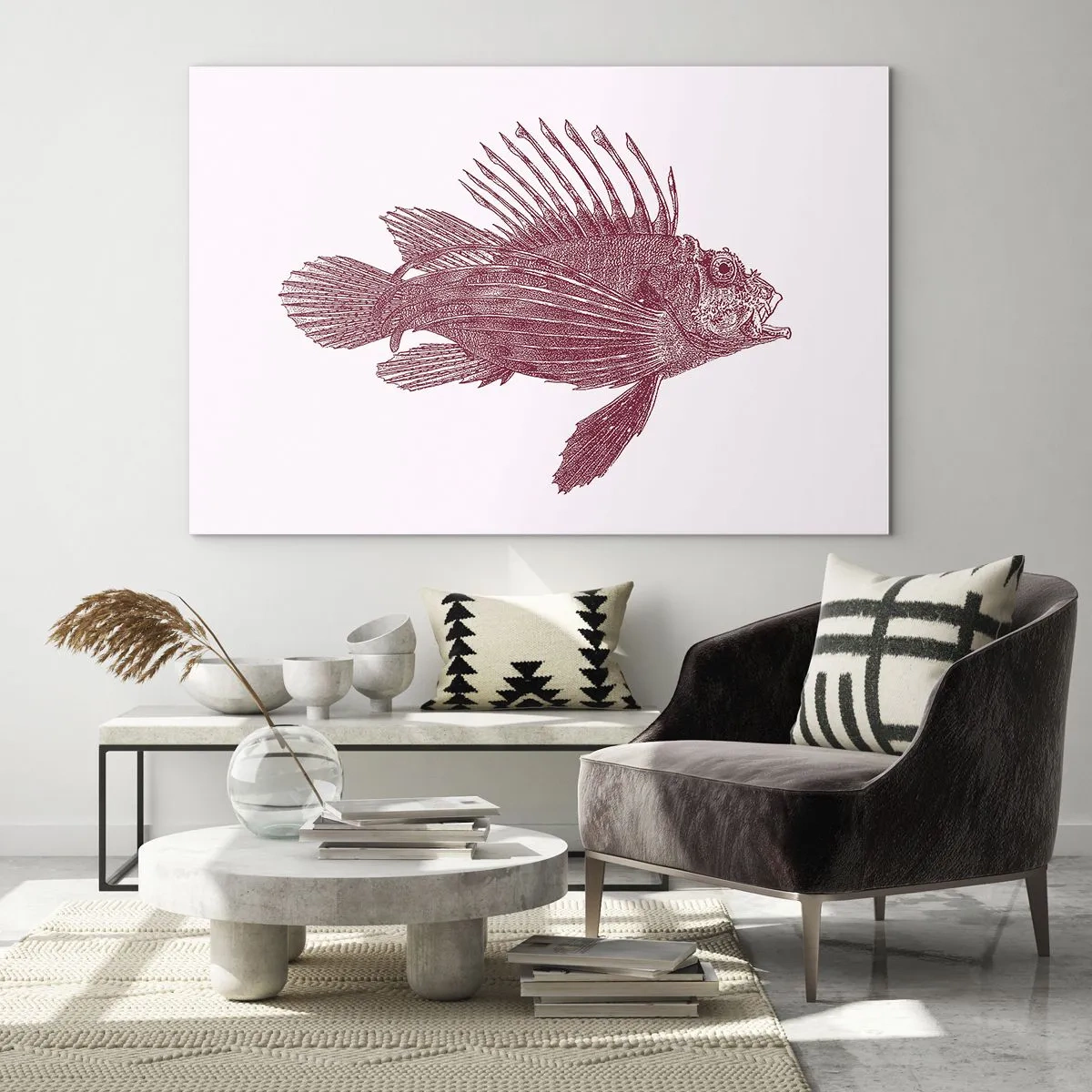 Tablou pe sticlă - Schiță a unui pește exotic în culoarea vișiniei pe un fundal deschis - 70x50cm - Un locuitor al apelor exotice - Decorațiune modernă pentru perete pentru living și dormitor ARTTOR