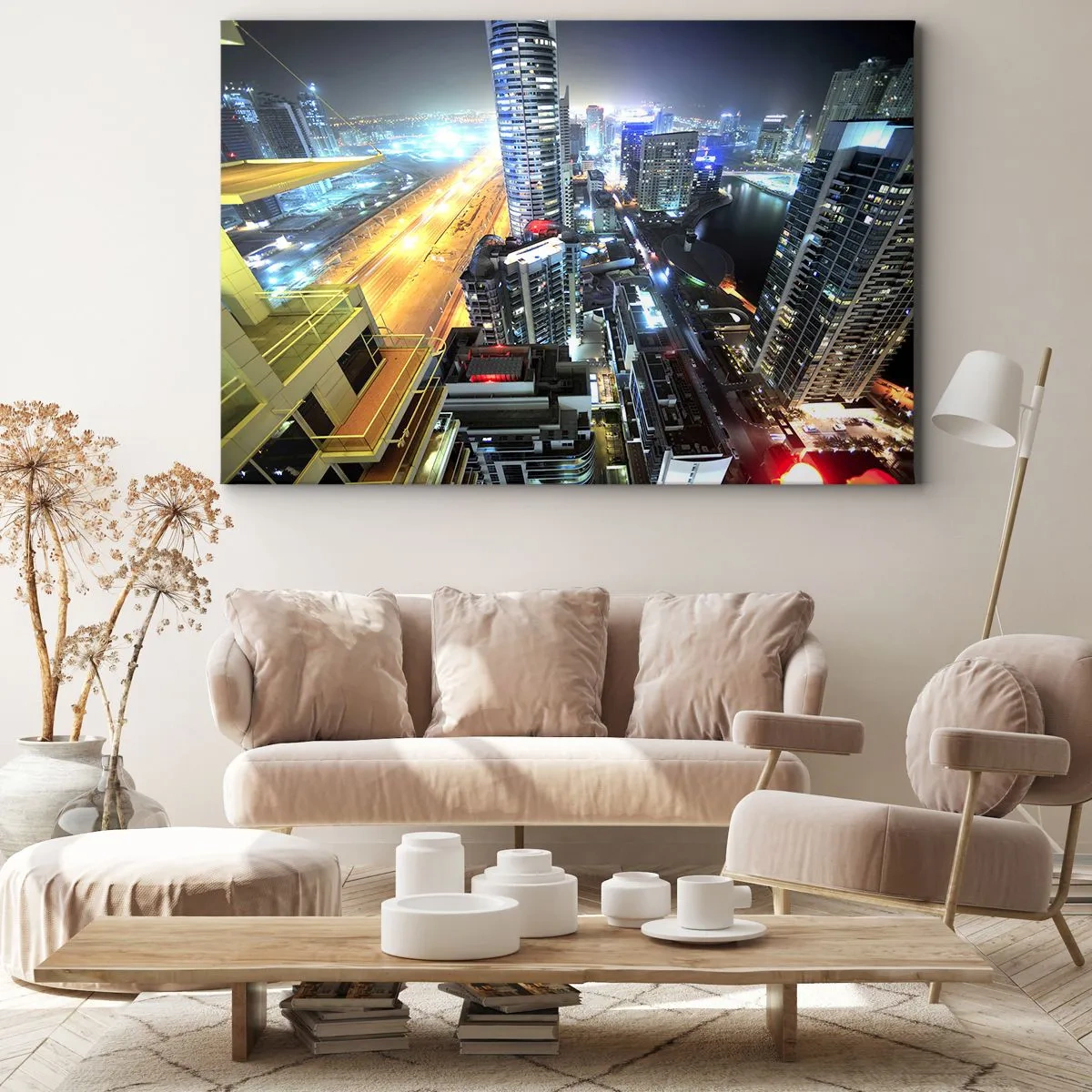 Tablou pe pânză Canvas - Panoramă a orașului nocturn cu zgârie-nori iluminați - 70x50cm - Un miracol în deșert - Decorațiune modernă pentru perete pentru living și dormitor ARTTOR