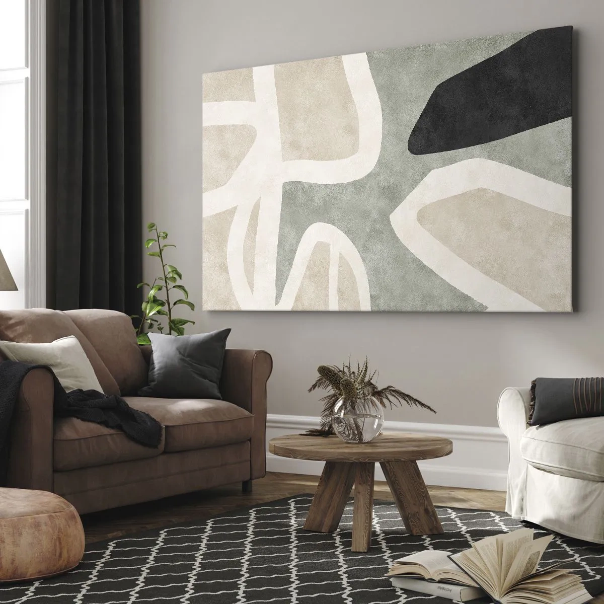 Tablou pe pânză Canvas - Forme abstracte în culori discrete - 70x50cm - Compoziție cu motiv negru - Decorațiune modernă pentru perete pentru living și dormitor ARTTOR