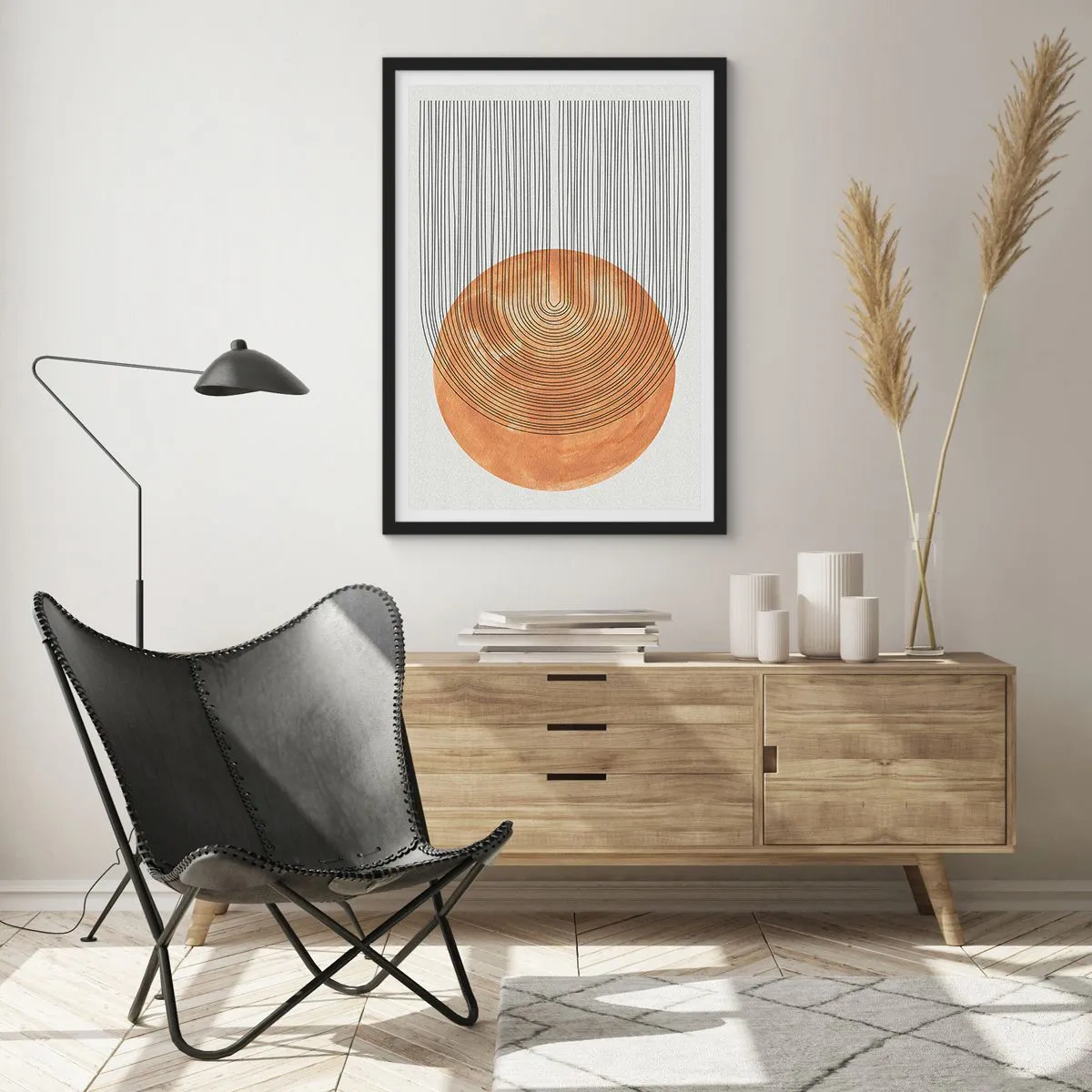 Poster în ramă neagră - Abstracție geometrică în tonuri pământii - 50x70cm - Compoziția solară - Decorațiune modernă pentru perete pentru living și dormitor ARTTOR