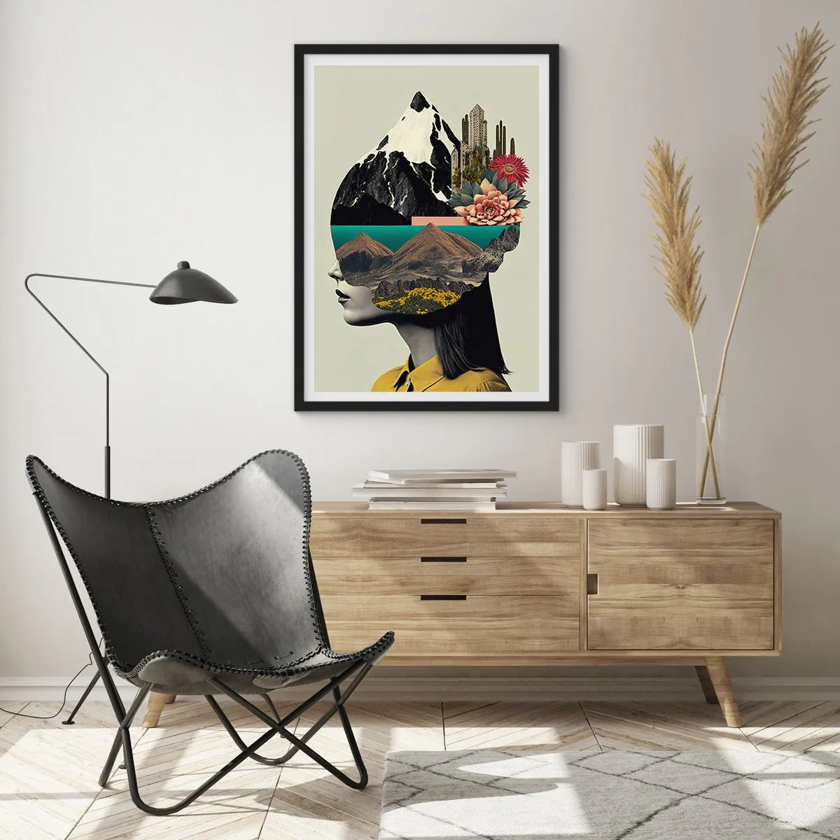 Poster în ramă neagră - O femeie cu un peisaj suprarealist în mintea ei - 50x70cm - Femeia - întotdeauna un mister - Decorațiune modernă pentru perete pentru living și dormitor ARTTOR