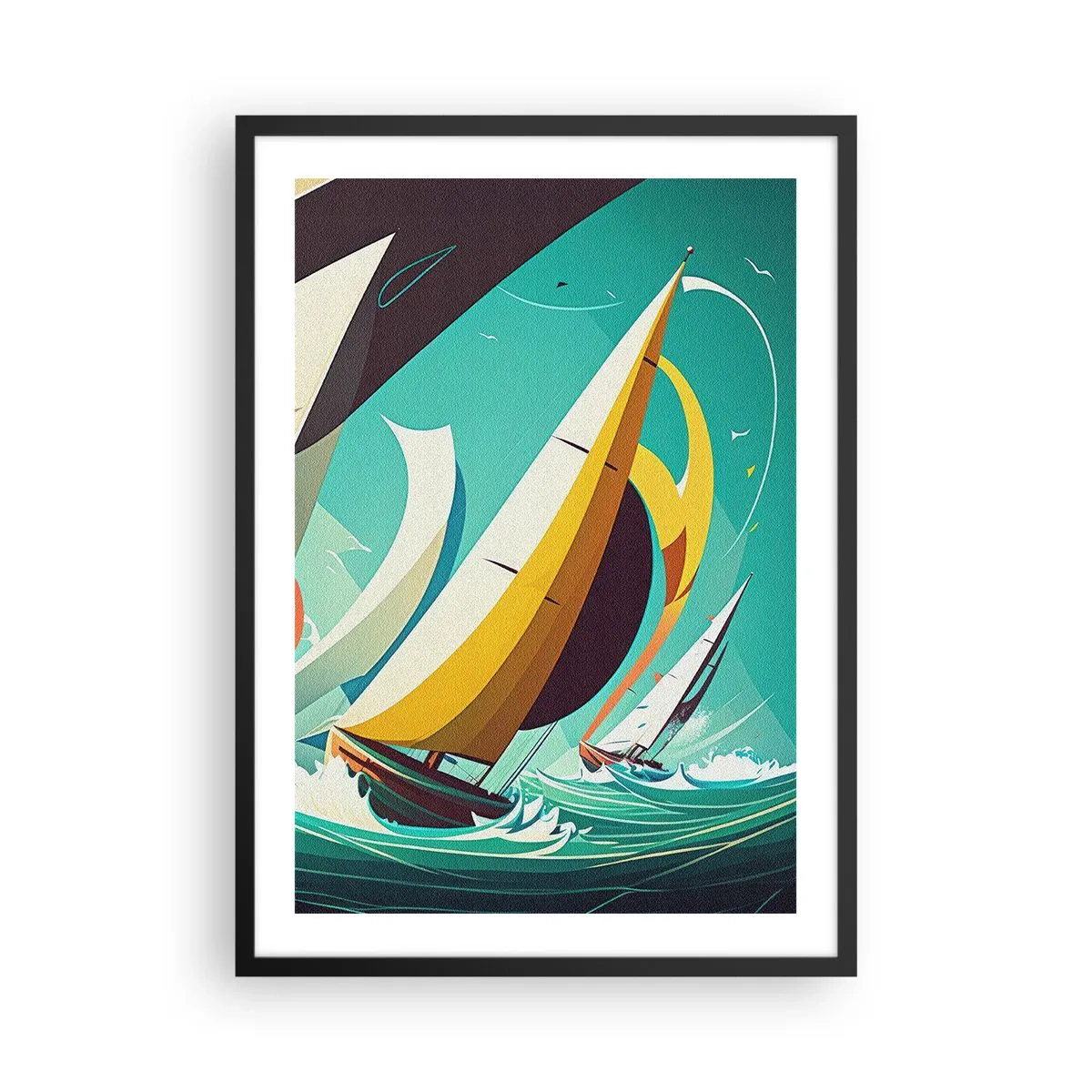 Poster în ramă neagră - Regata abstractă de navigație pe o mare furtunoasă - 50x70cm - Voinici și învingători - Decorațiune modernă pentru perete pentru living și dormitor ARTTOR