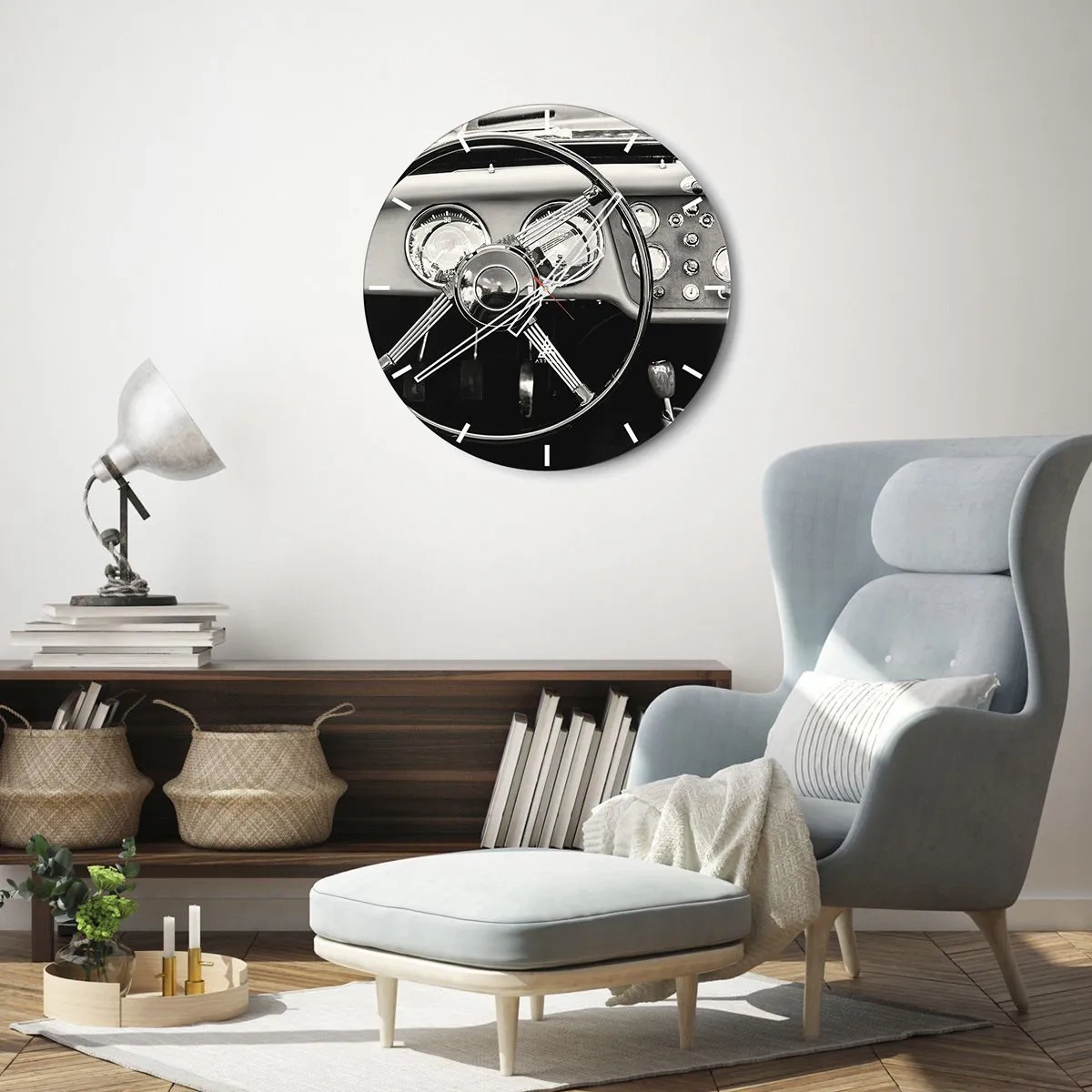Ceas de perete - Ceas pe sticlă - Cockpit de mașină de epocă într-un ton sepia retro - 30x30cm - Visul unui colecționar - Decorațiune modernă pentru perete pentru living, bucătărie și dormitor ARTTOR
