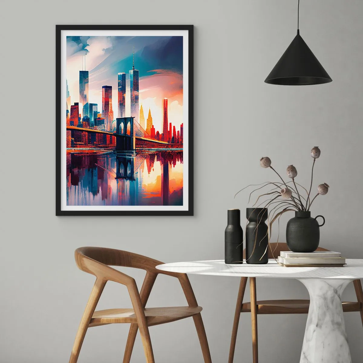 Poster în ramă neagră - Panoramă a orașului cu un pod și reflexie în apă - 50x70cm - New York fenomenal - Decorațiune modernă pentru perete pentru living și dormitor ARTTOR