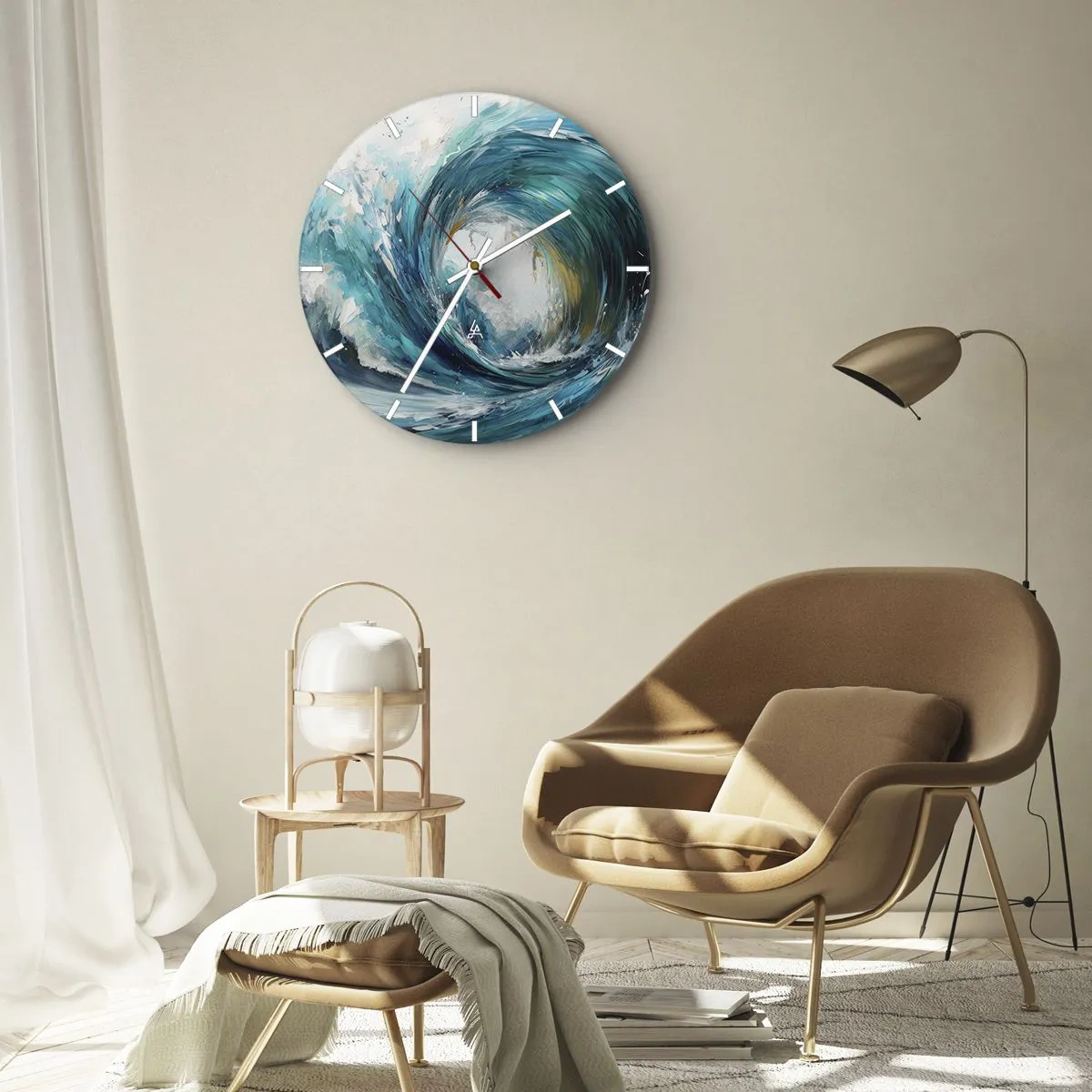 Ceas de perete - Ceas pe sticlă - Un val dinamic al mării care se învârte în culori turcoaz - 30x30cm - Portal maritim - Decorațiune modernă pentru perete pentru living, bucătărie și dormitor ARTTOR
