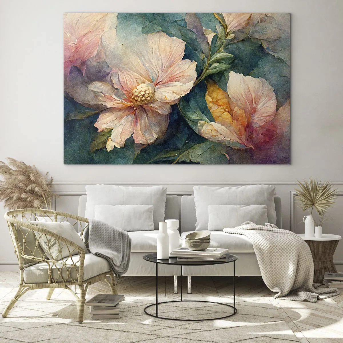 Tablou pe sticlă - Flori delicate în tonuri pastelate de acuarelă - 70x50cm - Subtilitate pură - Decorațiune modernă pentru perete pentru living și dormitor ARTTOR