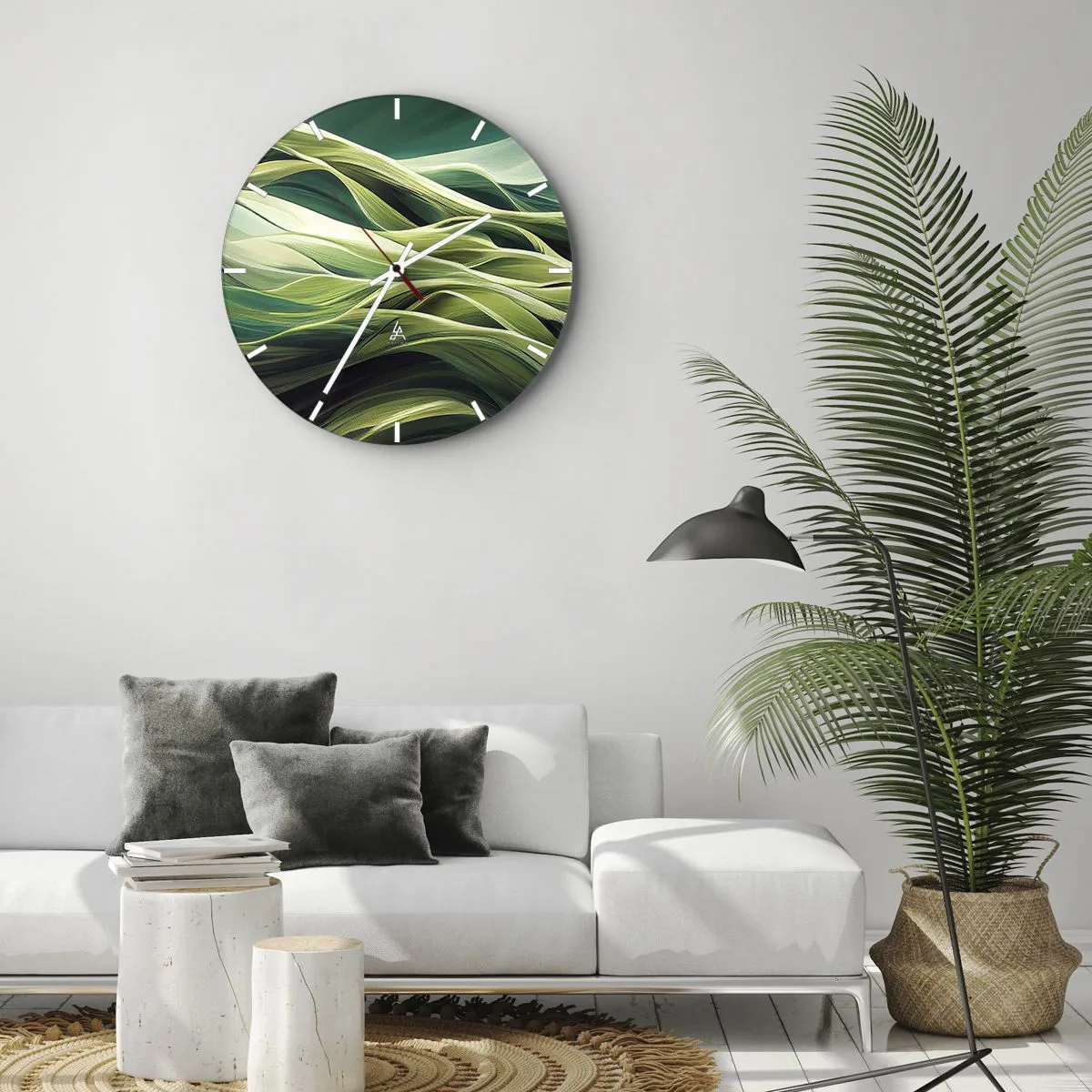 Ceas de perete - Ceas pe sticlă - Valuri verzi într-o compoziție abstractă, dinamică - 30x30cm - Un joc abstract de verde - Decorațiune modernă pentru perete pentru living, bucătărie și dormitor ARTTOR