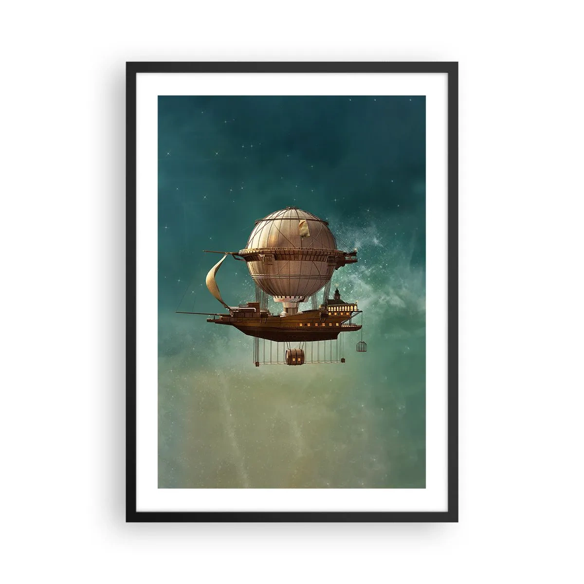 Poster în ramă neagră - O navă aeriană fantastică plutind printre stele - 50x70cm - Jules Verne vă transmite salutări - Decorațiune modernă pentru perete pentru living și dormitor ARTTOR