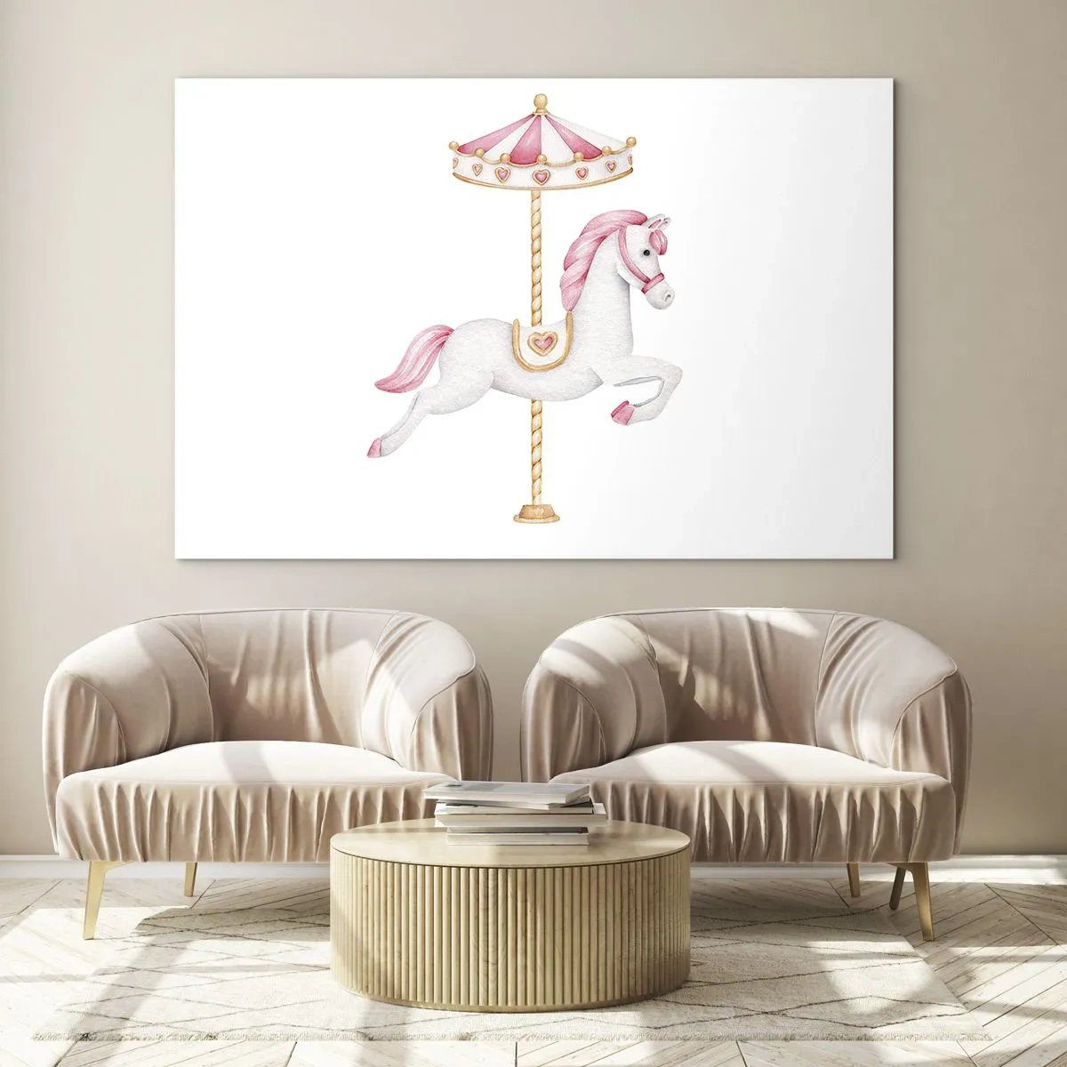 Tablou pe sticlă - Cal de carusel roz și alb pe fundal alb - 70x50cm - A pornit la cursă - Decorațiune modernă pentru perete pentru living și dormitor ARTTOR