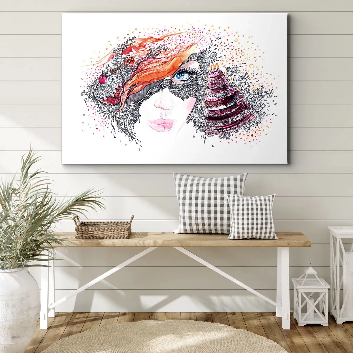 Tablou pe pânză Canvas - Portret artistic al unei femei cu detalii și un accent roșu - 70x50cm - Cu ea fiecare zi e o sărbătoare - Decorațiune modernă pentru perete pentru living și dormitor ARTTOR