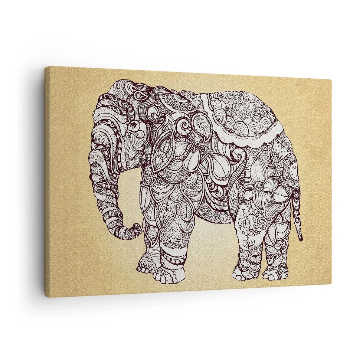 Tablou pe pânză Canvas - Elefant desenat manual cu un model ornamentat pe un fundal bej - 70x50cm - Elefantul oriental - Decorațiune modernă pentru perete pentru living și dormitor ARTTOR
