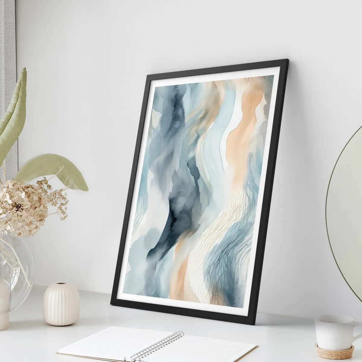 Poster în ramă neagră - Valuri abstracte în nuanțe de bej și albastru marin - 50x70cm - Abstracție de zăpadă și ceață - Decorațiune modernă pentru perete pentru living și dormitor ARTTOR