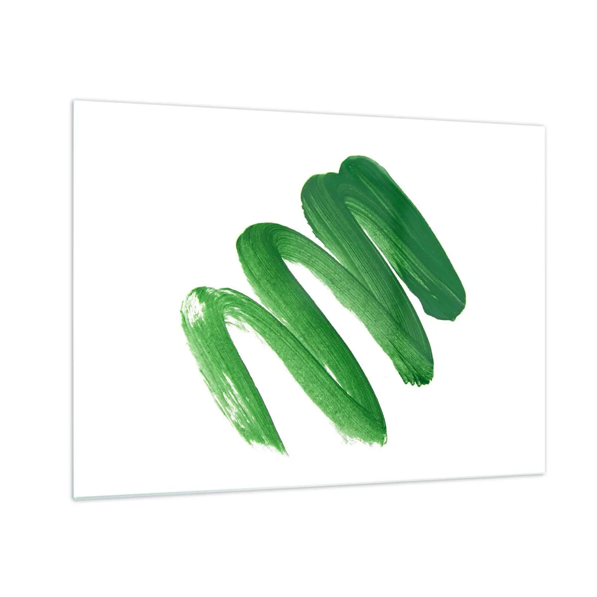 Tablou pe sticlă - Tușă de pensulă verde dinamică pe fundal alb - 70x50cm - Glumă verde - Decorațiune modernă pentru perete pentru living și dormitor ARTTOR