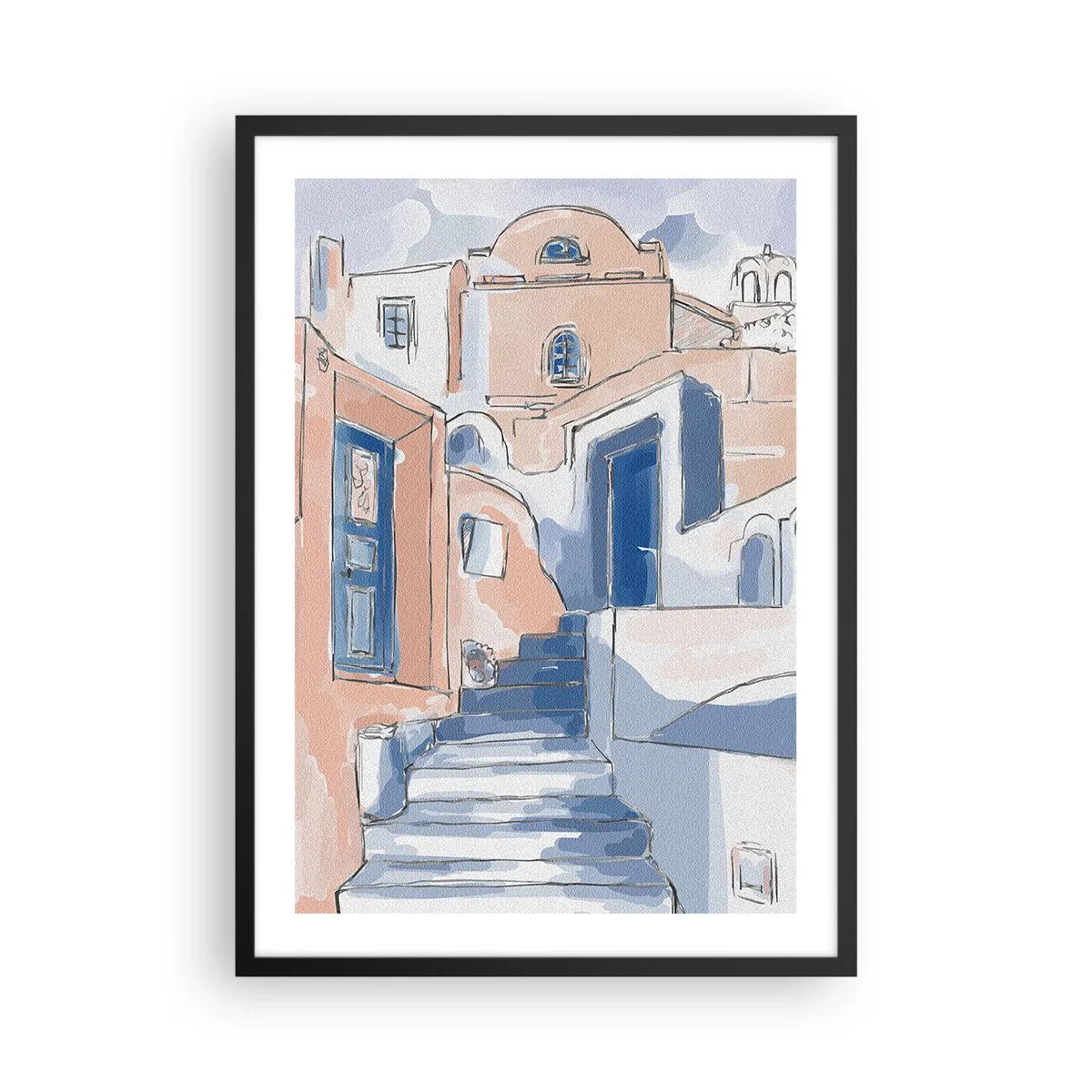 Poster în ramă neagră - O stradă pitorească în stil mediteranean, în nuanțe de albastru - 50x70cm - Oraș exotic - Decorațiune modernă pentru perete pentru living și dormitor ARTTOR
