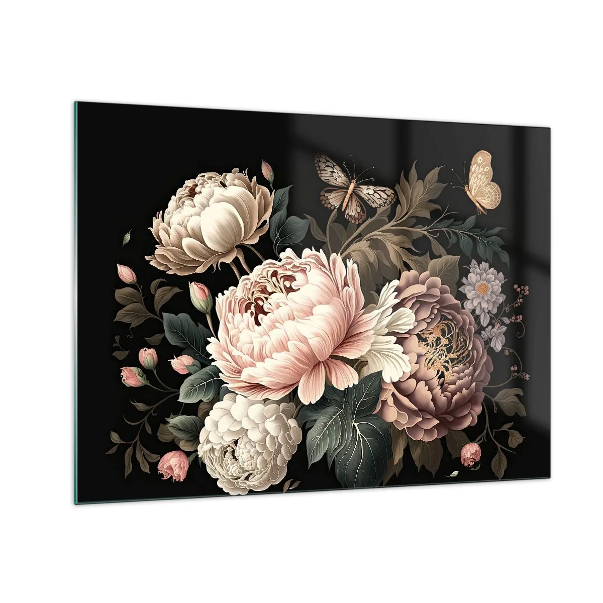 Tablou pe sticlă - Compoziție florală cu fluturi pe fundal negru - 70x50cm - În stil baroc - Decorațiune modernă pentru perete pentru living și dormitor ARTTOR