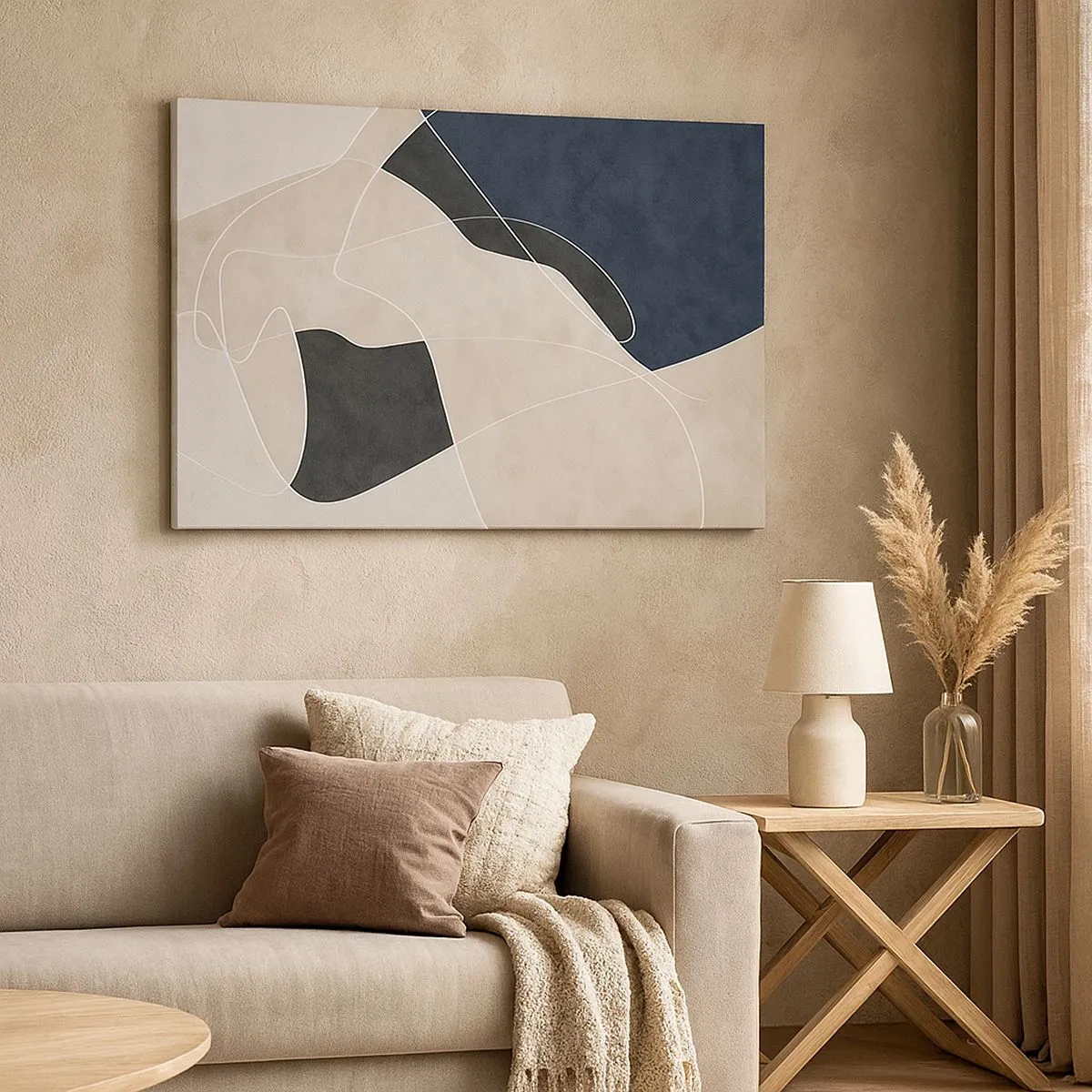 Tablou pe pânză Canvas - Abstracție geometrică în nuanțe de bej și albastru marin - 70x50cm - Compoziție abstractă - contrast de culori - Decorațiune modernă pentru perete pentru living și dormitor ARTTOR
