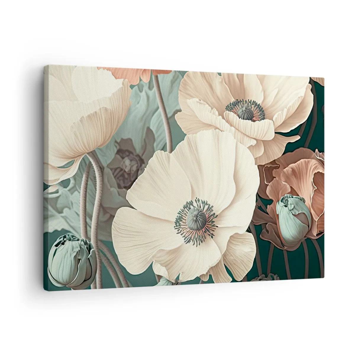 Tablou pe pânză Canvas - Flori elegante în nuanțe pastelate pe un fundal verde - 70x50cm - Șoapta macilor - Decorațiune modernă pentru perete pentru living și dormitor ARTTOR