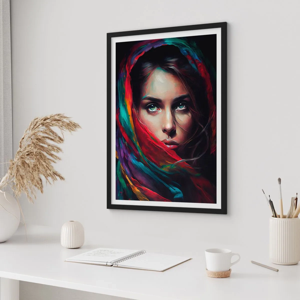 Poster în ramă neagră - Portretul unei femei într-o eșarfă colorată - 50x70cm - Misterul ochilor verzi - Decorațiune modernă pentru perete pentru living și dormitor ARTTOR