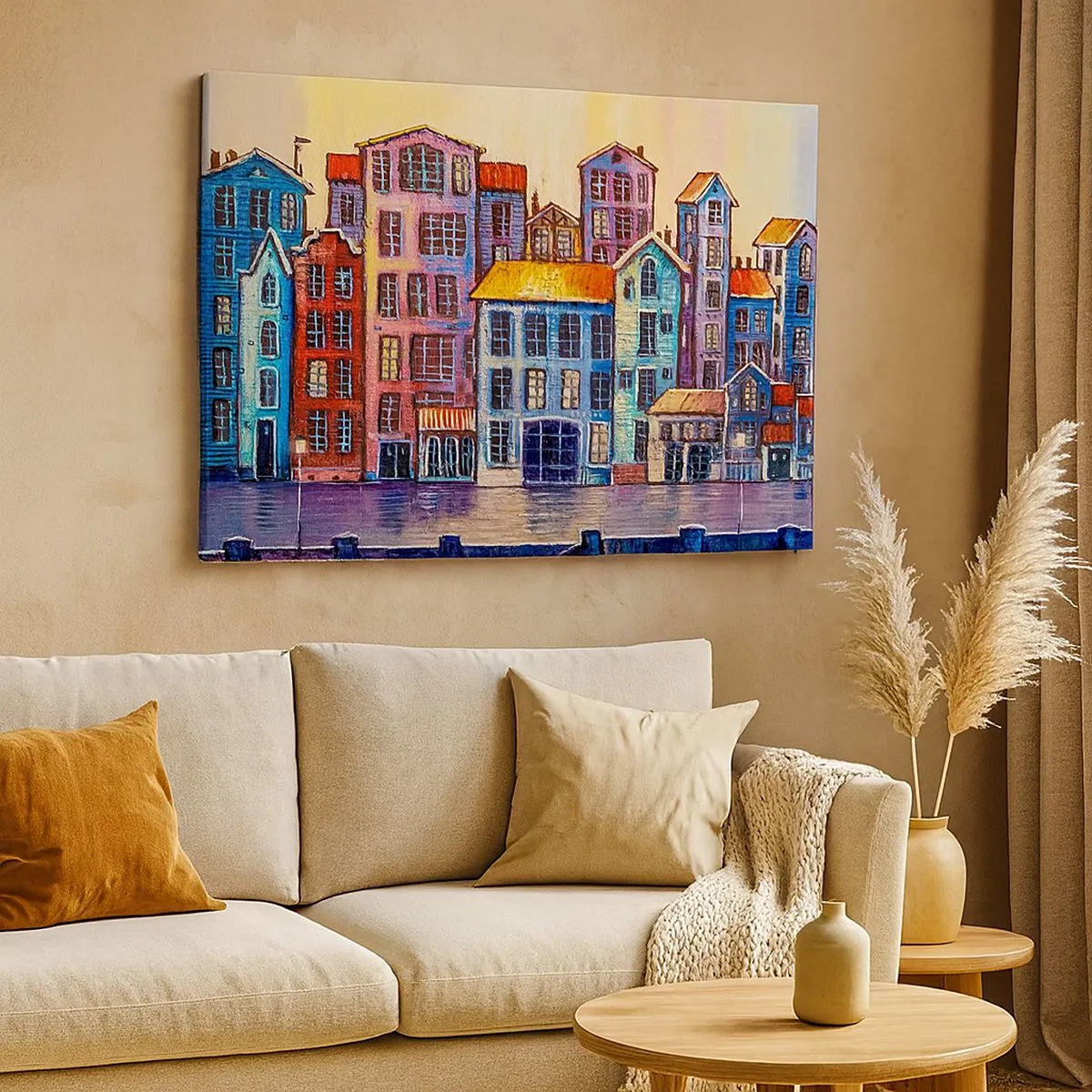 Tablou pe pânză Canvas - Case de locuit colorate lângă apă, într-un stil artistic - 70x50cm - Un oraș ca în basm - Decorațiune modernă pentru perete pentru living și dormitor ARTTOR