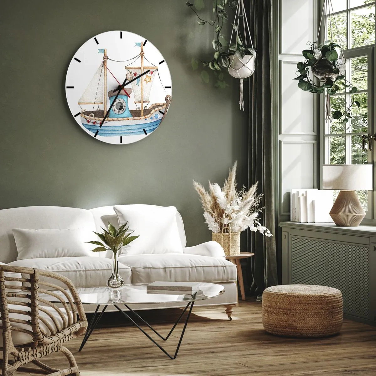 Ceas de perete - Ceas pe sticlă - Barcă cu pânze ilustrată pentru copii cu decorațiuni nautice - 30x30cm - Ahoy aventura! - Decorațiune modernă pentru perete pentru living, bucătărie și dormitor ARTTOR