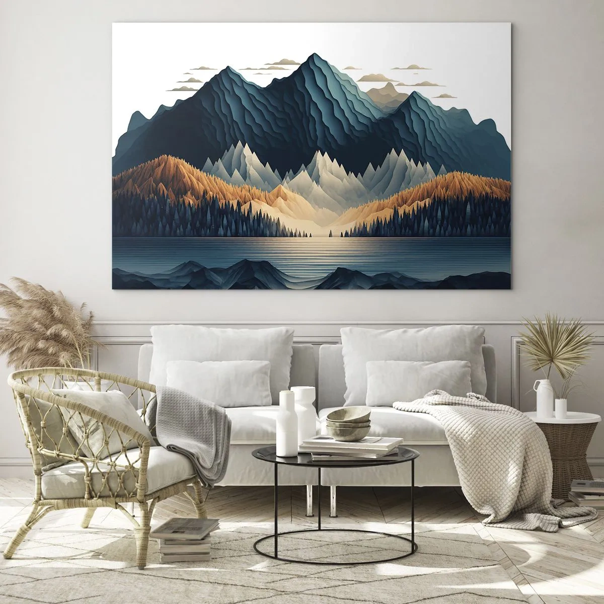 Tablou pe sticlă - Peisaj montan stilizat cu o pădure și un lac - 70x50cm - Peisaj montan perfect - Decorațiune modernă pentru perete pentru living și dormitor ARTTOR