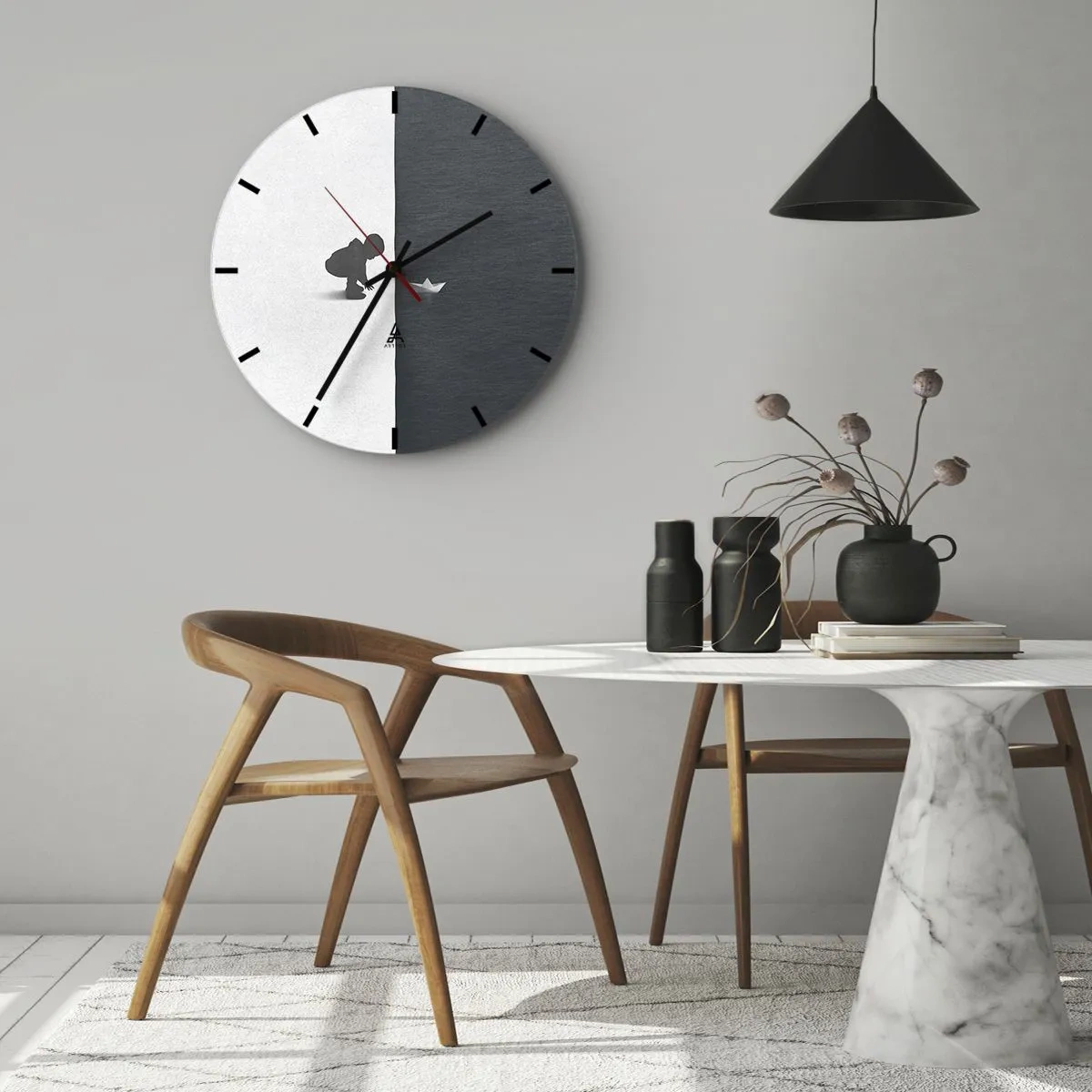Ceas de perete - Ceas pe sticlă - Silueta unui copil cu o barcă de hârtie pe un fundal contrastant - 30x30cm - Marea expediție - Decorațiune modernă pentru perete pentru living, bucătărie și dormitor ARTTOR