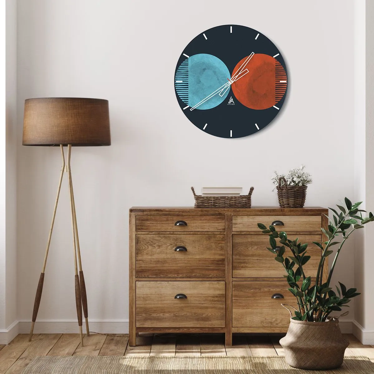 Ceas de perete - Ceas pe sticlă - O combinație de cercuri albastre și roșii cu linii geometrice - 30x30cm - Doar geometrie? - Decorațiune modernă pentru perete pentru living, bucătărie și dormitor ARTTOR