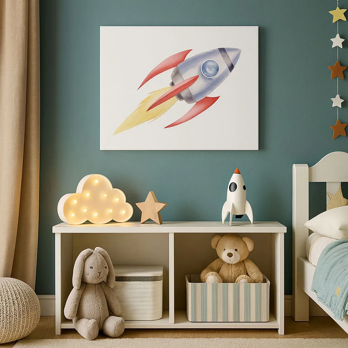 Tablou pe pânză Canvas - Rachetă în stil acuarelă pe fundal alb - 70x50cm - Mai sus, mai repede, mai departe - Decorațiune modernă pentru perete pentru living și dormitor ARTTOR