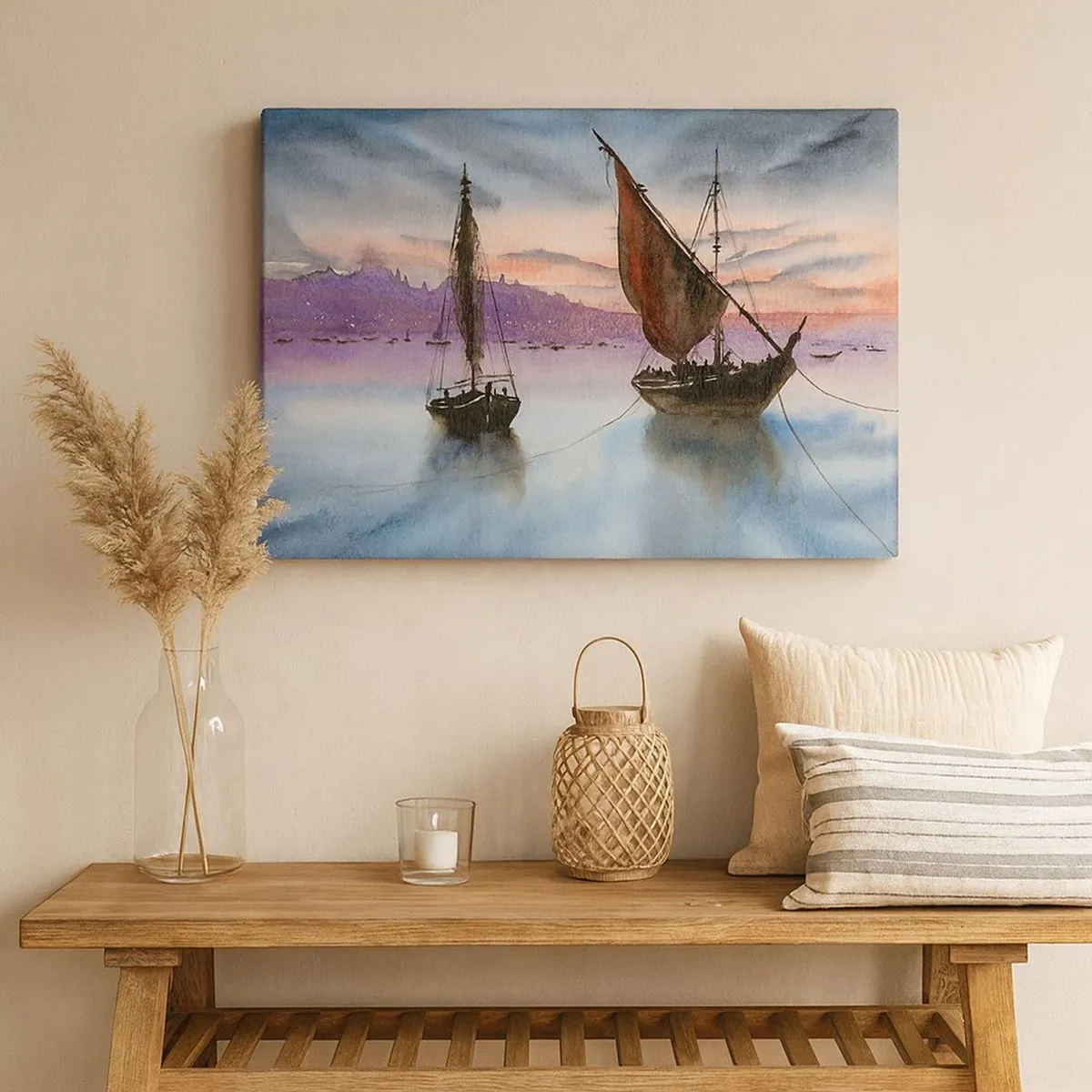 Tablou pe pânză Canvas - Două nave cu pânze ancorate pe ape calme la amurg - 70x50cm - O seară în port - Decorațiune modernă pentru perete pentru living și dormitor ARTTOR