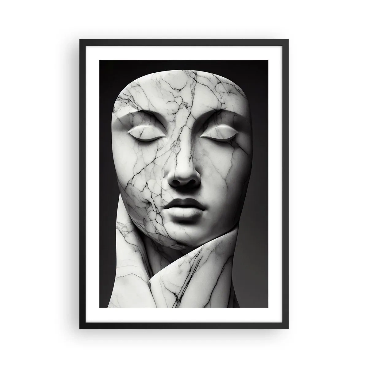 Poster în ramă neagră - Față de sculptură din marmură cu ochii închiși pe fundal negru - 50x70cm - Forme de marmură - Decorațiune modernă pentru perete pentru living și dormitor ARTTOR