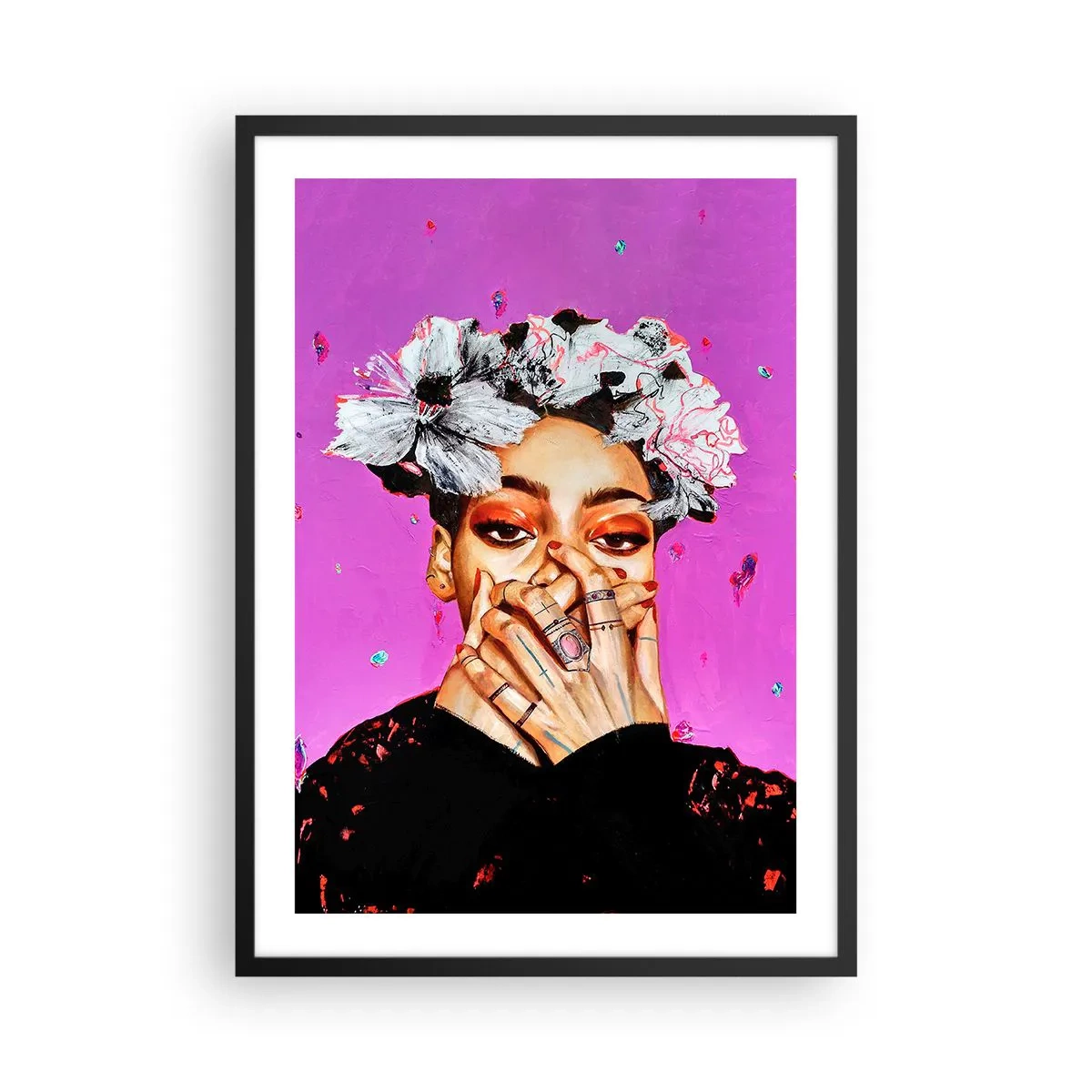Poster în ramă neagră - Un portret expresiv al unei femei pe un fundal roz intens. - 50x70cm - Un pic nebună - Decorațiune modernă pentru perete pentru living și dormitor ARTTOR