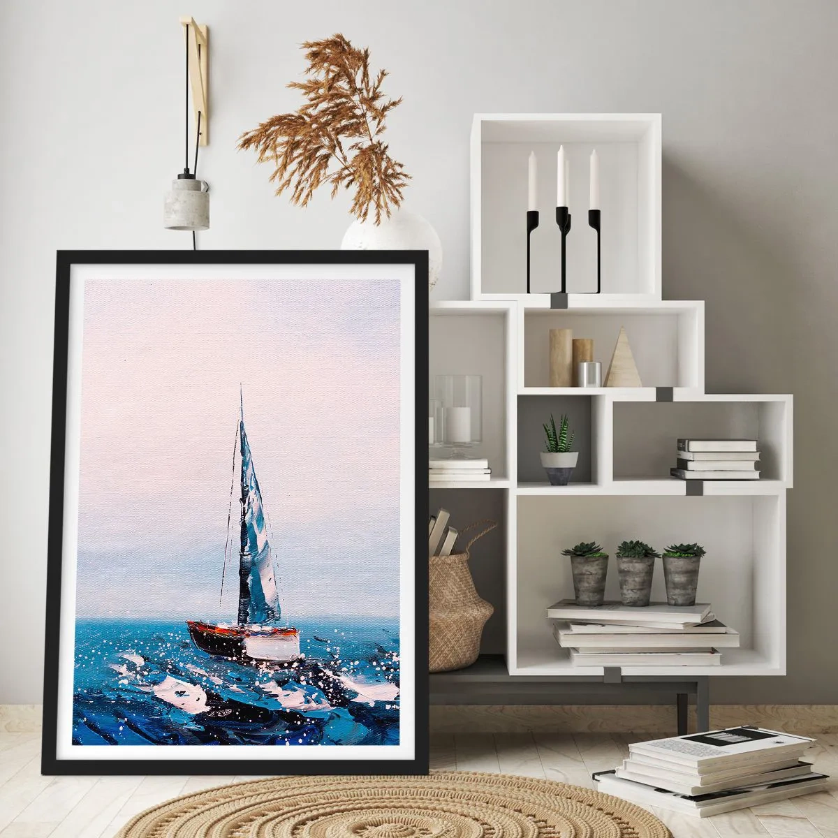 Poster în ramă neagră - O barcă cu pânze pe un ocean furtunos, într-un stil pictural - 50x70cm - Frăția vântului - Decorațiune modernă pentru perete pentru living și dormitor ARTTOR