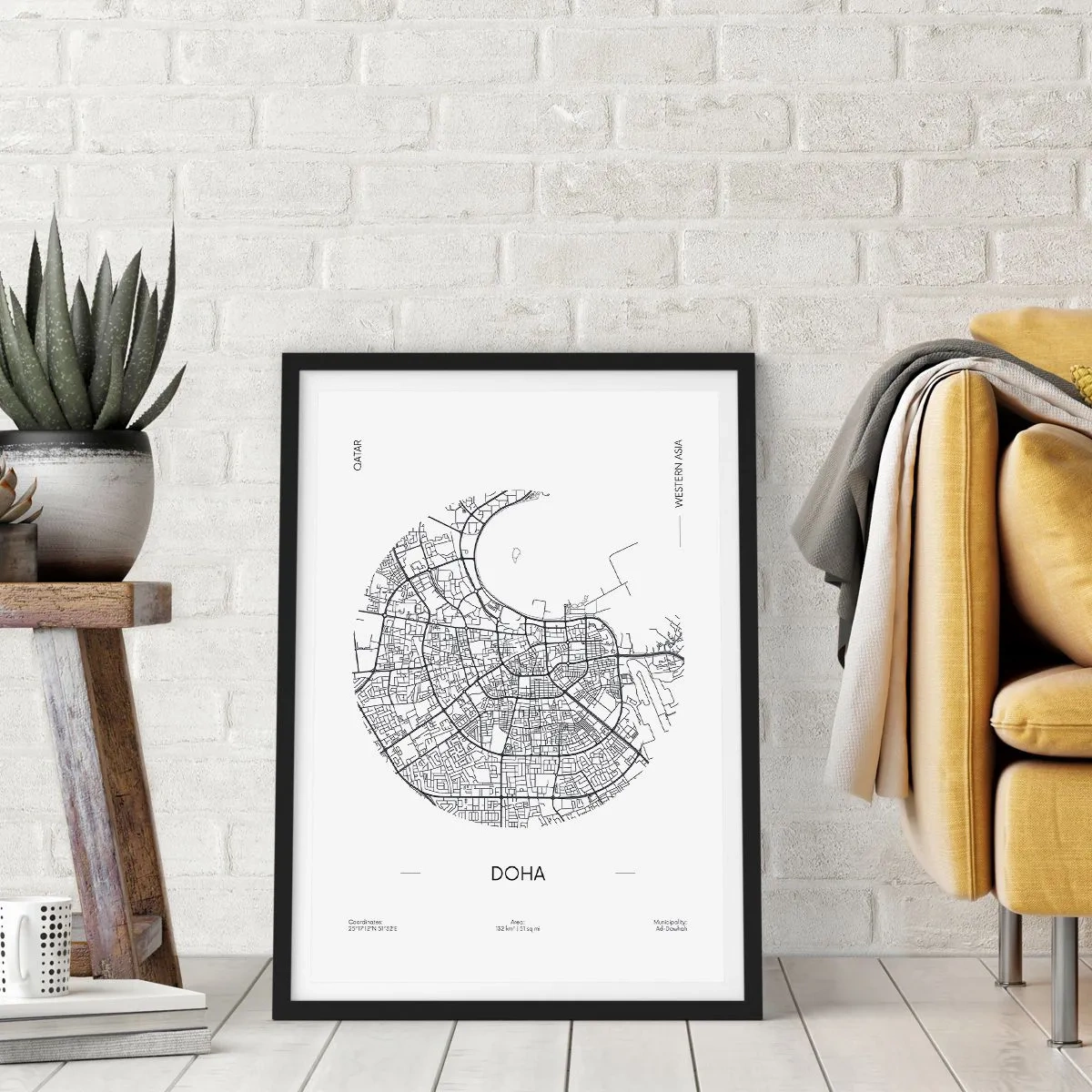 Poster în ramă neagră - O hartă minimalistă alb-negru a orașului Doha - 50x70cm - Anatomia orașului Doha - Decorațiune modernă pentru perete pentru living și dormitor ARTTOR
