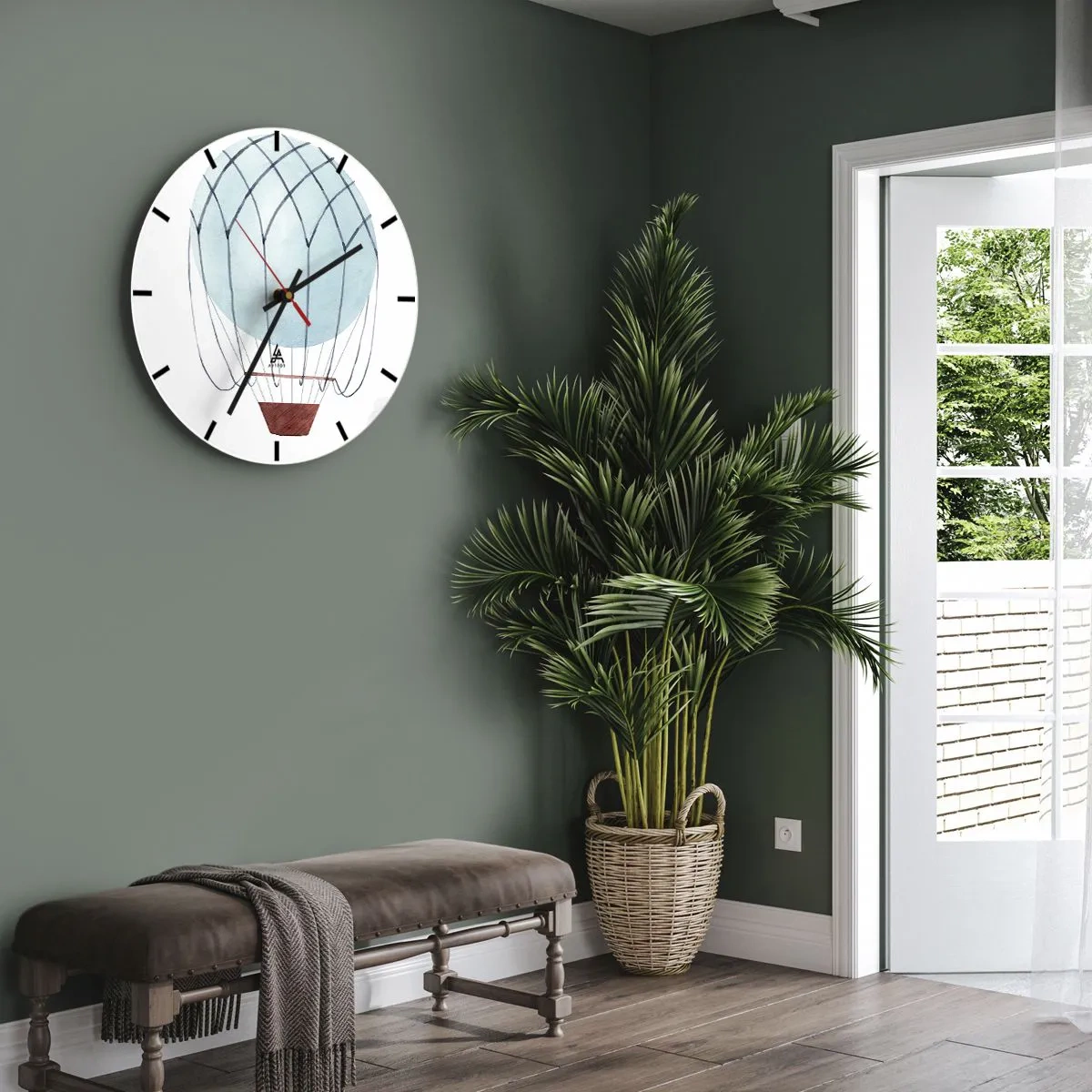 Ceas de perete - Ceas pe sticlă - Ilustrație a unui balon albastru pe fundal alb cu un coș - 30x30cm - Complet în nori - Decorațiune modernă pentru perete pentru living, bucătărie și dormitor ARTTOR