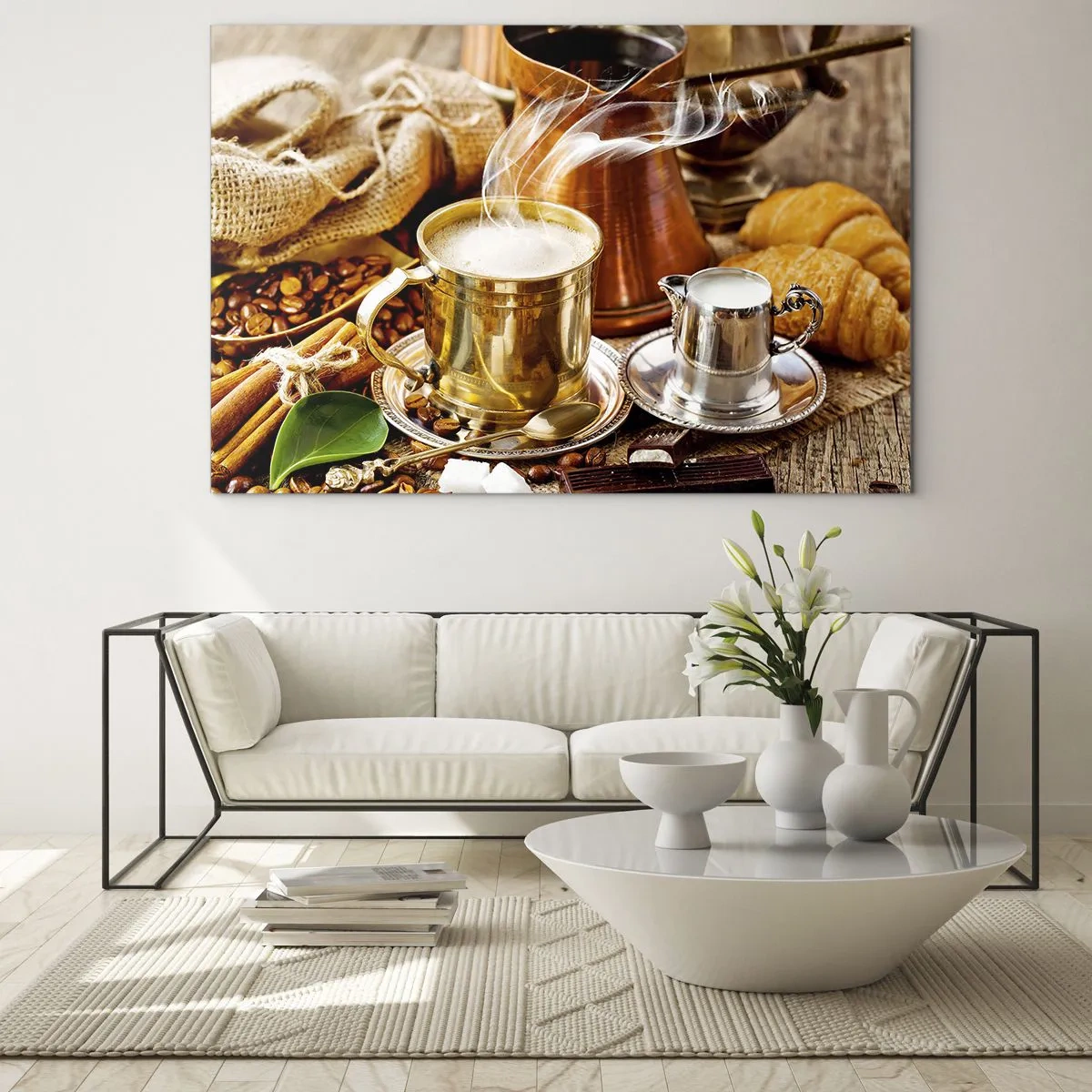 Tablou pe sticlă - O cană aurie de cafea cu lapte înconjurată de cereale și croissante - 70x50cm - O zi bună! - Decorațiune modernă pentru perete pentru living și dormitor ARTTOR