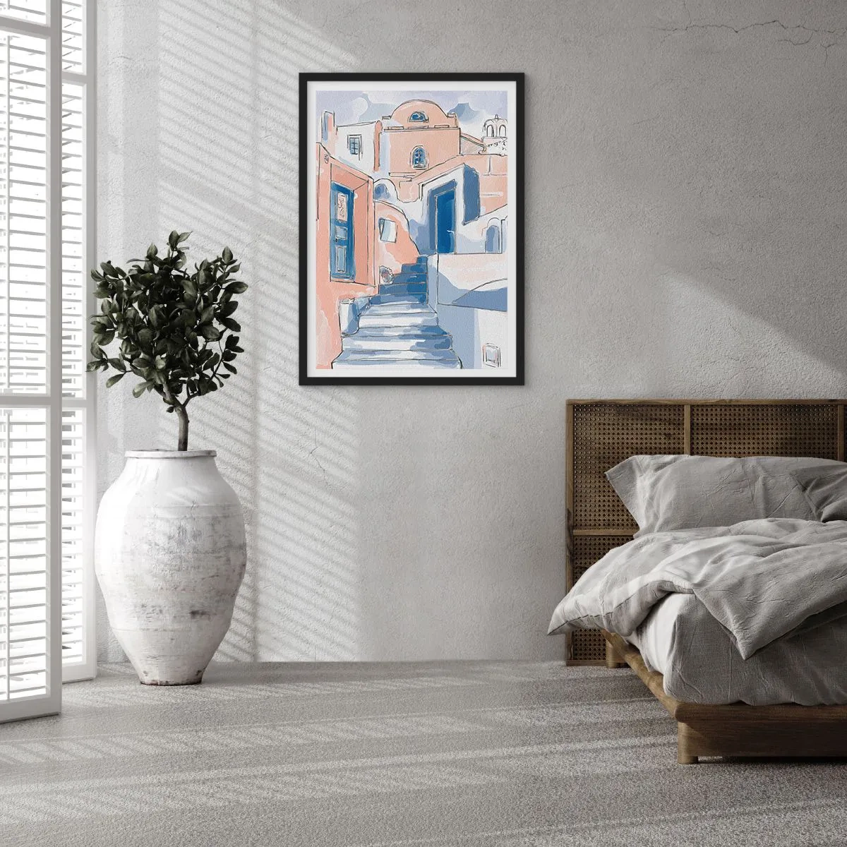 Poster în ramă neagră - O stradă pitorească în stil mediteranean, în nuanțe de albastru - 50x70cm - Oraș exotic - Decorațiune modernă pentru perete pentru living și dormitor ARTTOR