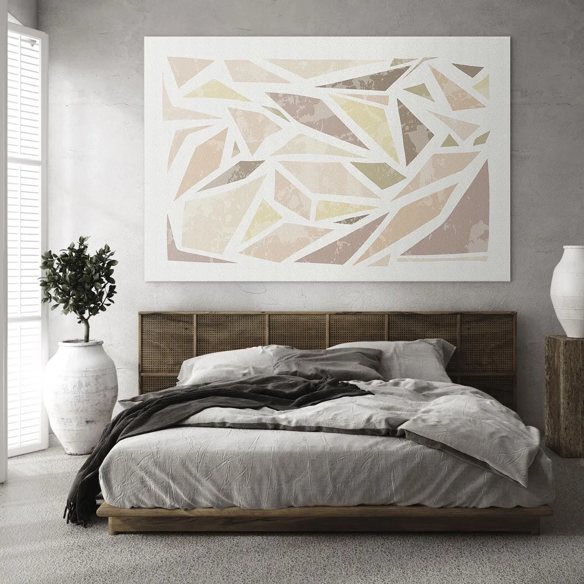 Tablou pe sticlă - Mozaic geometric în culori pastelate pe un fundal deschis - 70x50cm - Compoziție de vitralii - Decorațiune modernă pentru perete pentru living și dormitor ARTTOR