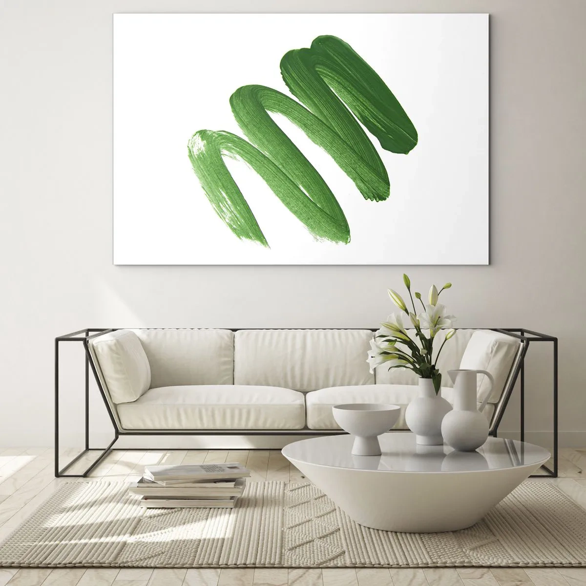 Tablou pe sticlă - Tușă de pensulă verde dinamică pe fundal alb - 70x50cm - Glumă verde - Decorațiune modernă pentru perete pentru living și dormitor ARTTOR