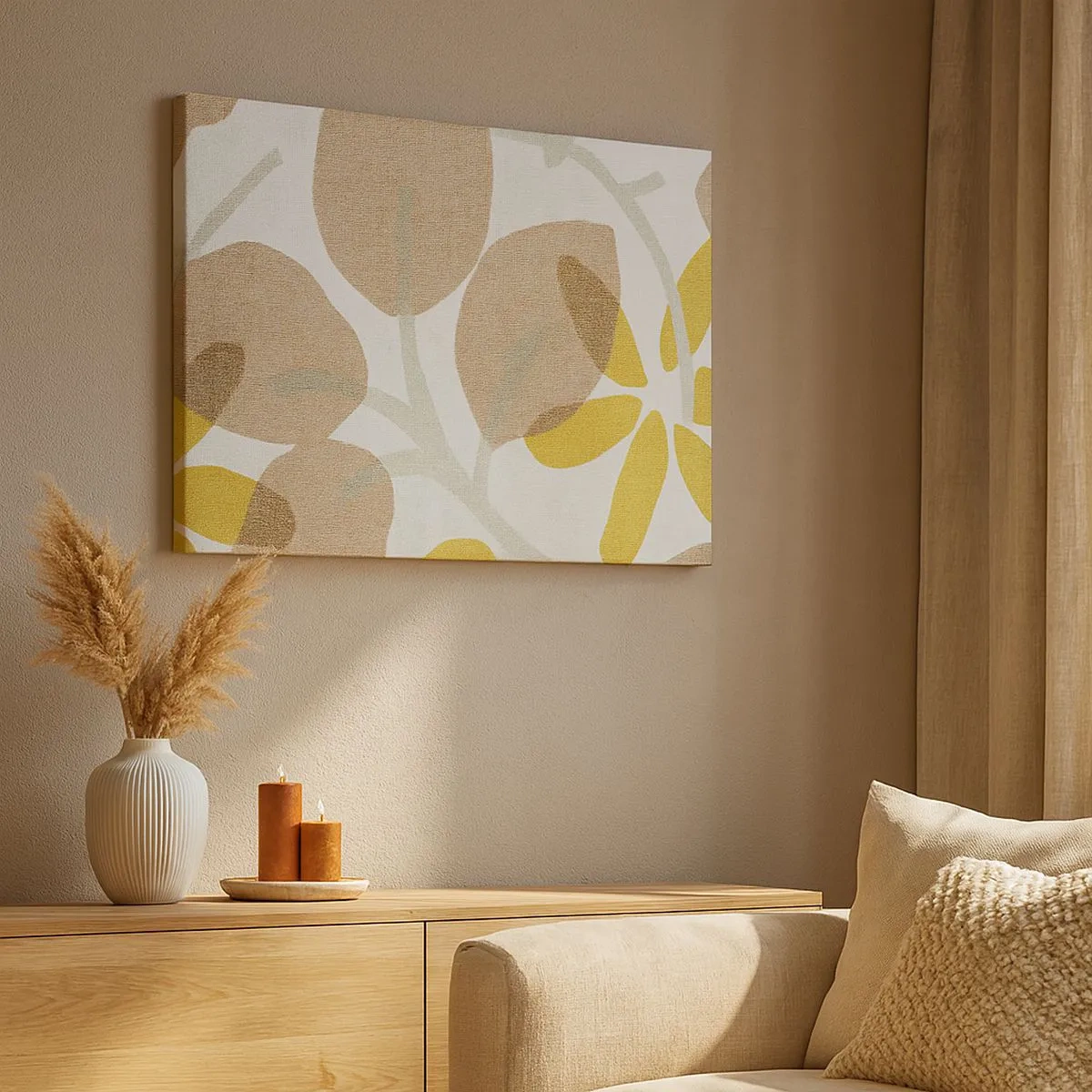 Tablou pe pânză Canvas - Frunze abstracte în nuanțe de bej și galben - 70x50cm - Compoziție în plin soare - Decorațiune modernă pentru perete pentru living și dormitor ARTTOR