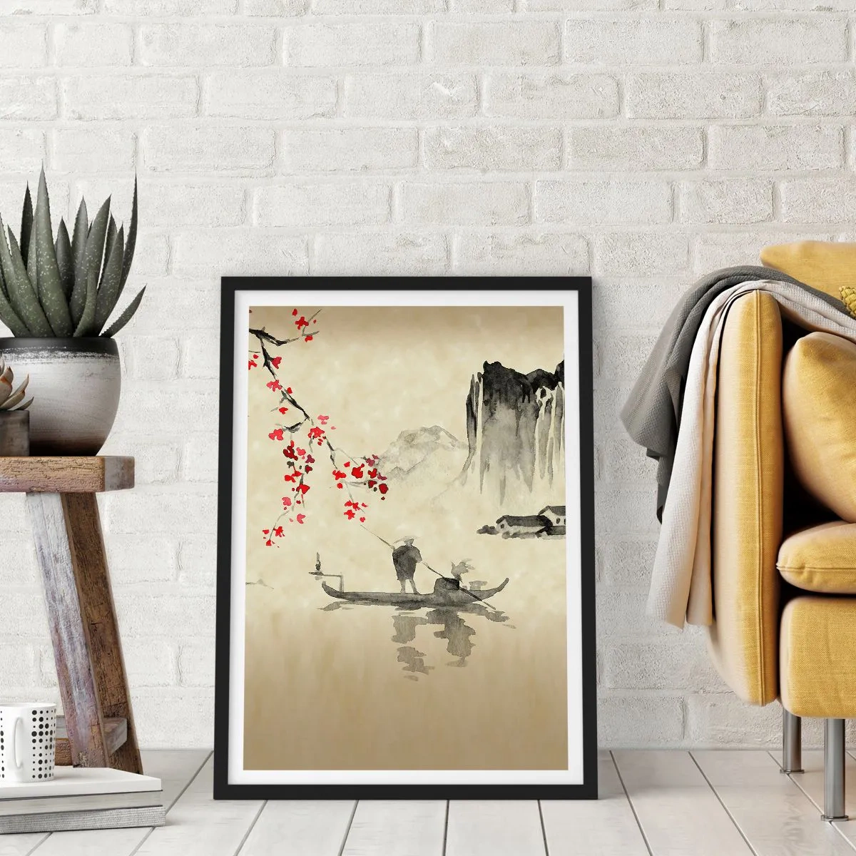 Poster în ramă neagră - Scenă orientală cu pescari pe o barcă - 50x70cm - În țara florilor de cireș - Decorațiune modernă pentru perete pentru living și dormitor ARTTOR