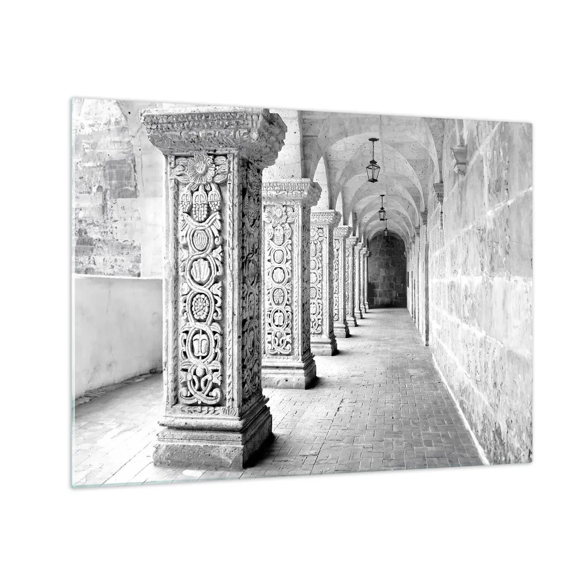 Tablou pe sticlă - Mănăstire istorică cu coloane sculptate - 70x50cm - Și încotro…? - Decorațiune modernă pentru perete pentru living și dormitor ARTTOR