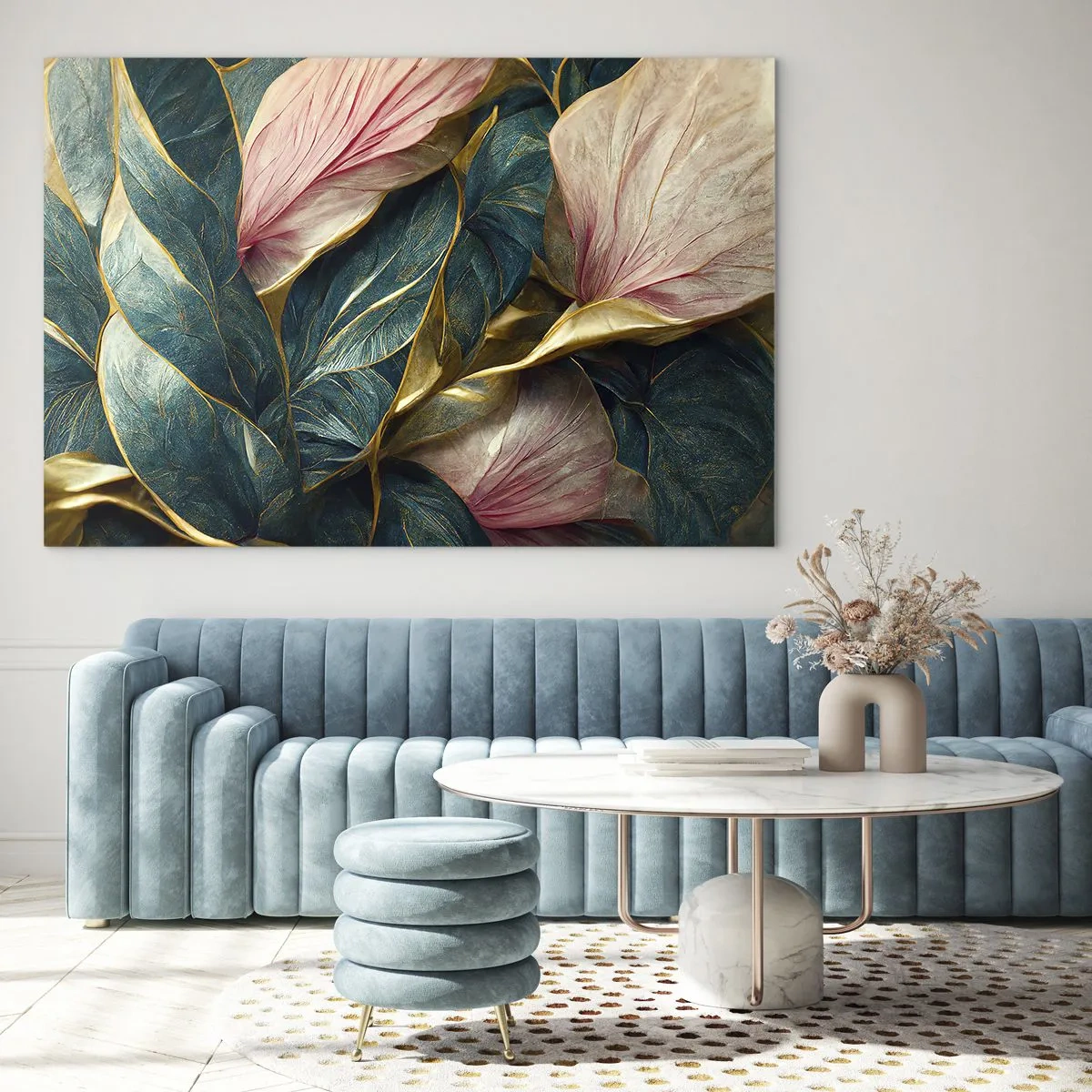 Tablou pe sticlă - Frunze verzi și roz cu accente aurii - 70x50cm - Eleganța naturală și stil - Decorațiune modernă pentru perete pentru living și dormitor ARTTOR