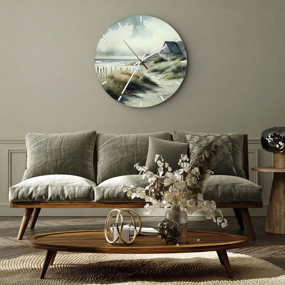 Ceas de perete - Ceas pe sticlă - Case în stil acuarelă pe dune, pe o coastă calmă - 30x30cm - Departe de agitație - Decorațiune modernă pentru perete pentru living, bucătărie și dormitor ARTTOR